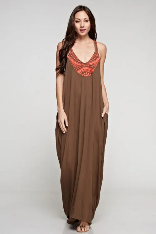 Embroidered Neckline Maxi Dress