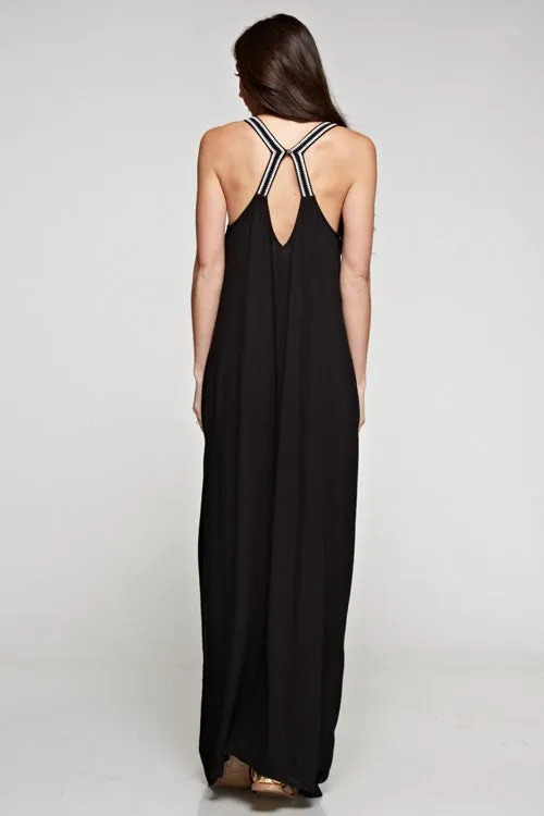 Embroidered Neckline Maxi Dress