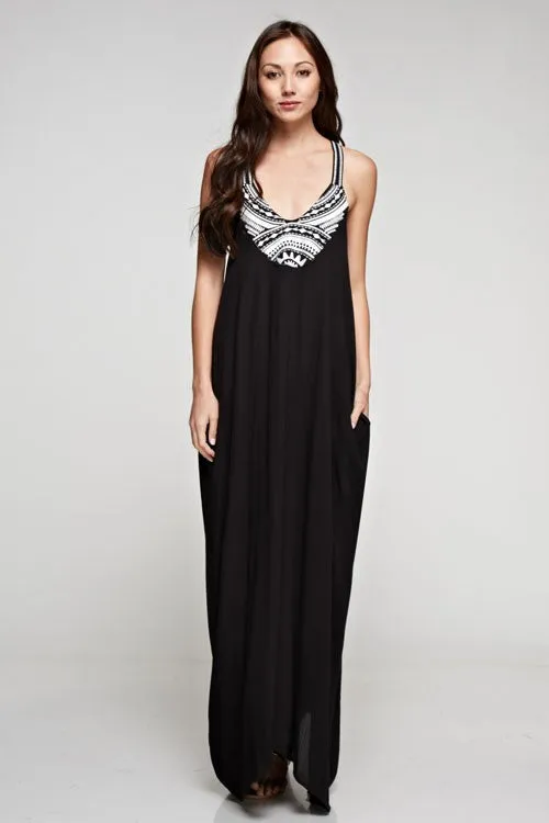 Embroidered Neckline Maxi Dress