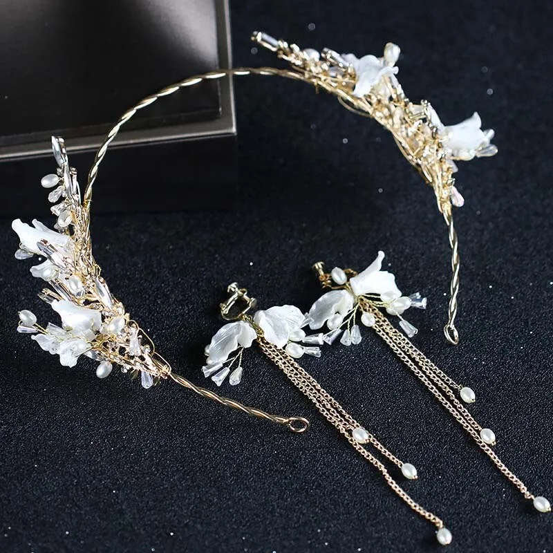Fashion Headbands  Flower Leaf Crystal Pearls Hairbands Earrings Jewelry Sets