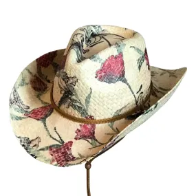 Floral Red & Green Print Straw Western Cowgirl Hat