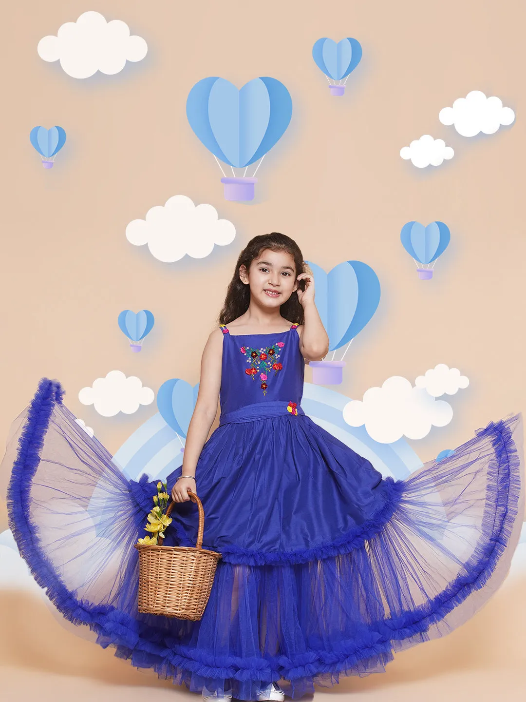 Girls Floral Embroidered Satin Fit & Flare  Dress