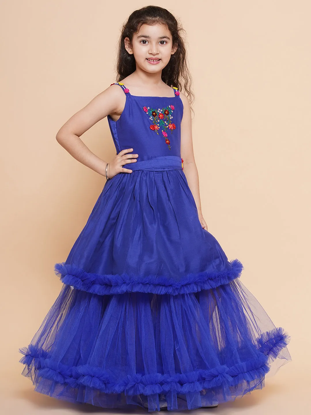 Girls Floral Embroidered Satin Fit & Flare  Dress