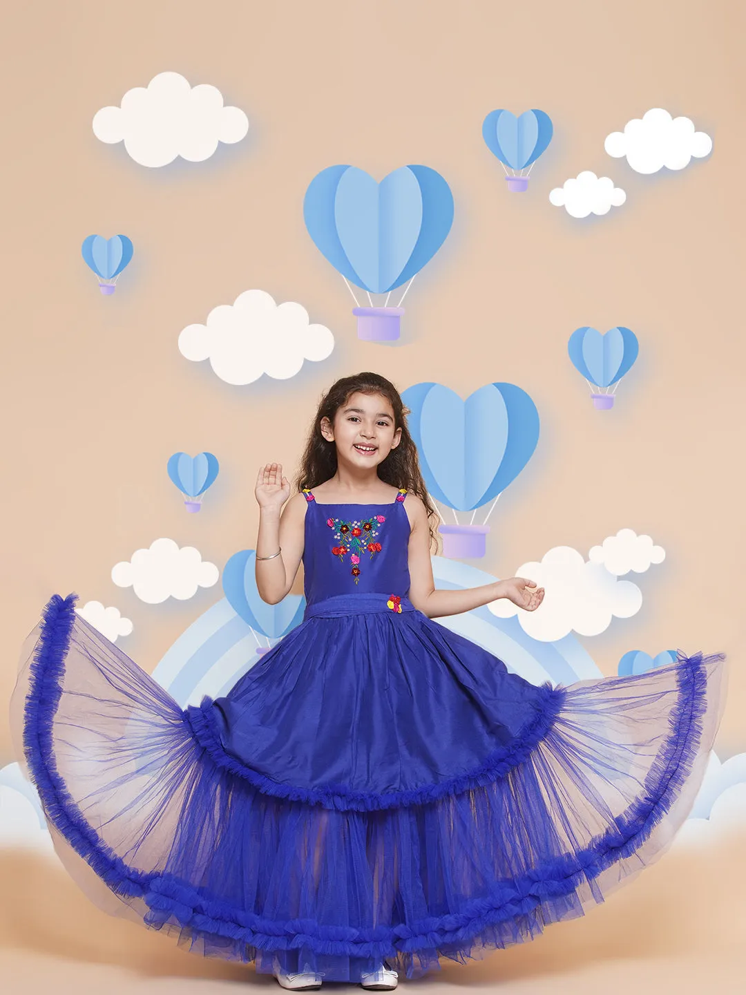 Girls Floral Embroidered Satin Fit & Flare  Dress