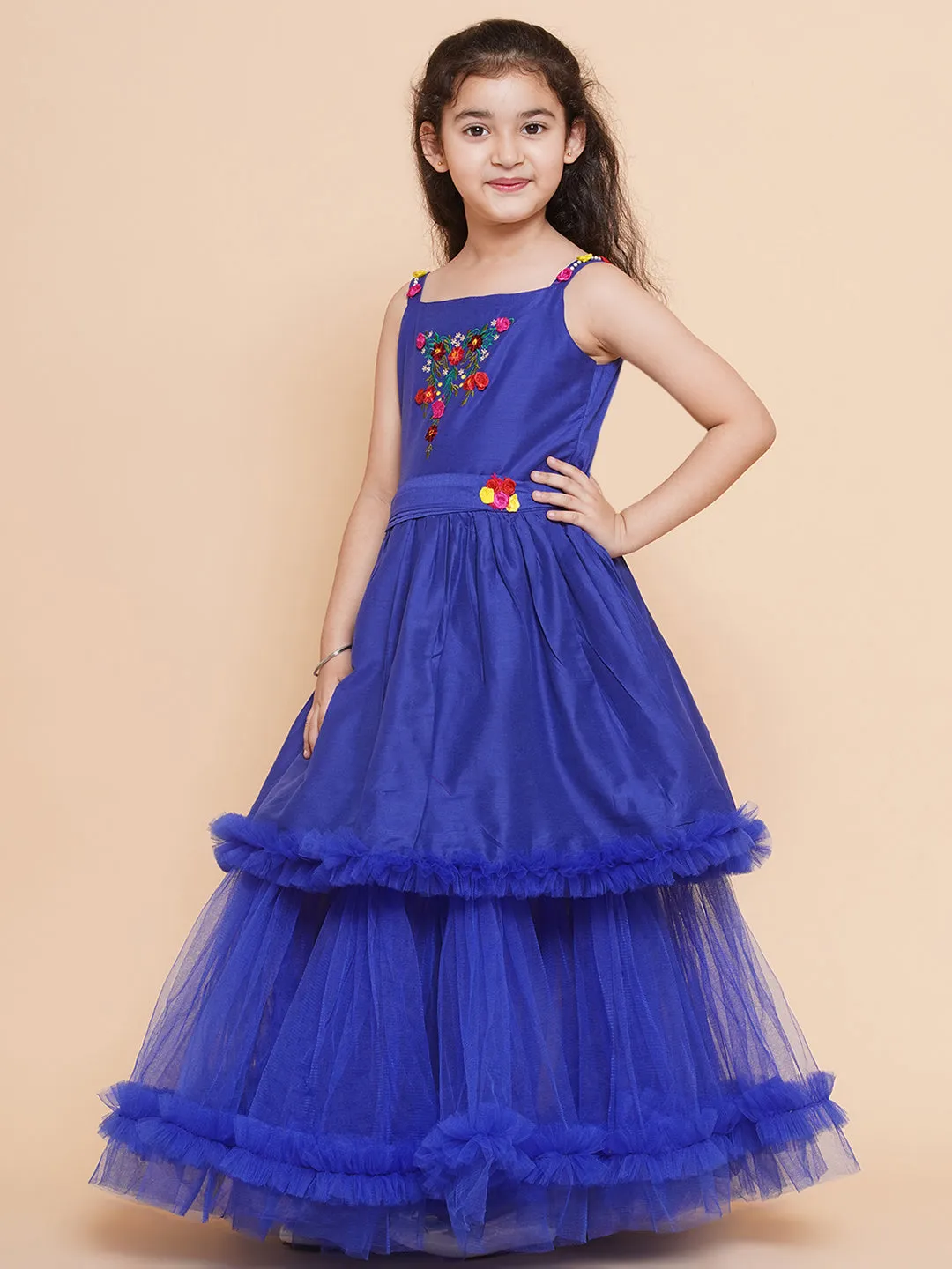 Girls Floral Embroidered Satin Fit & Flare  Dress