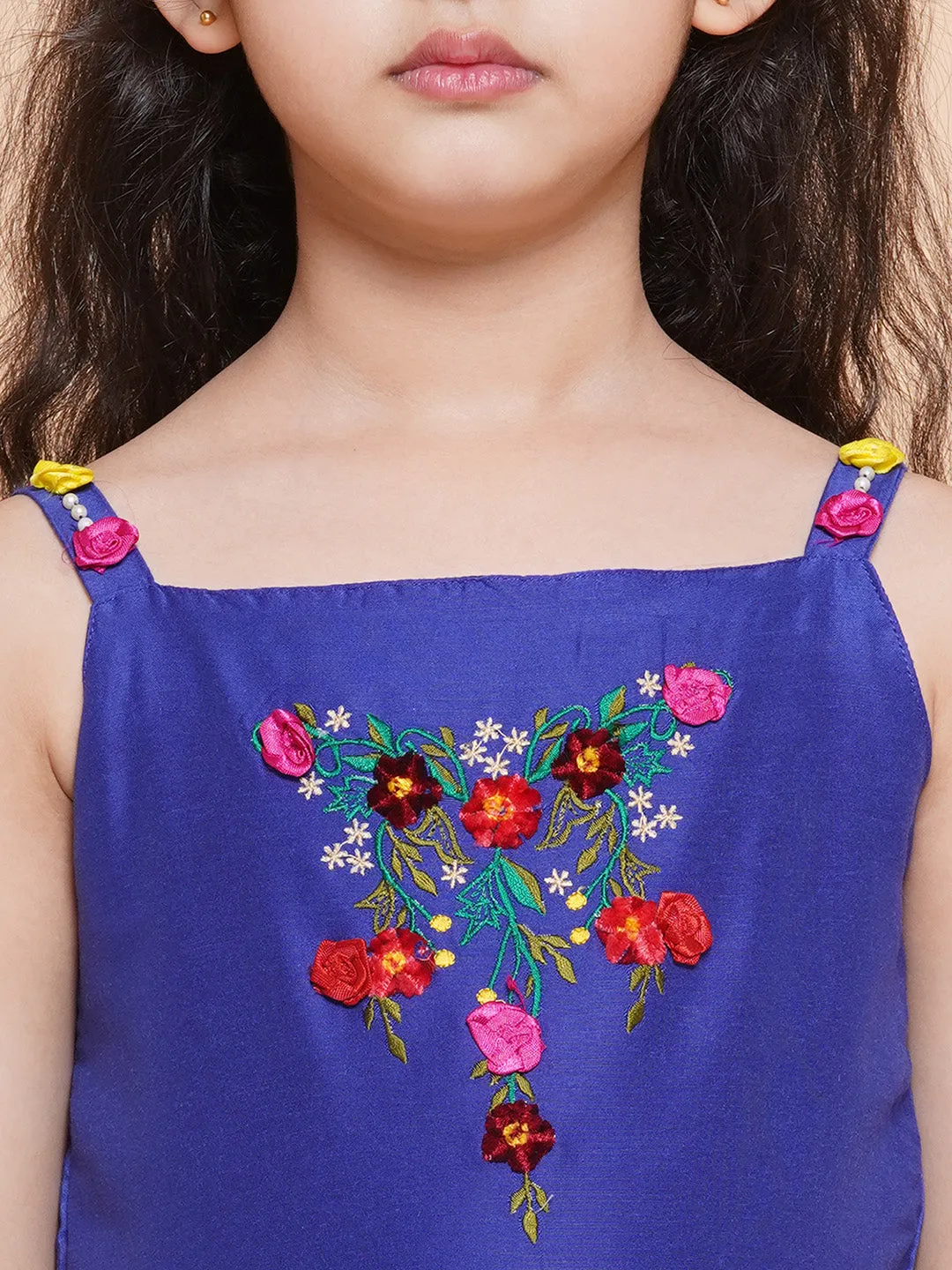 Girls Floral Embroidered Satin Fit & Flare  Dress