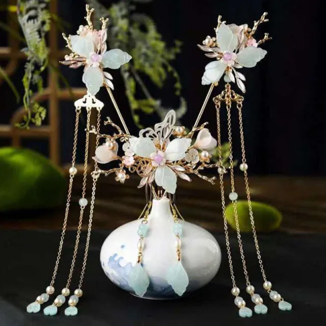 Girls Hanfu Dress Tassels Hairpins Hair Forks Sticks Hair Jewelry Sets