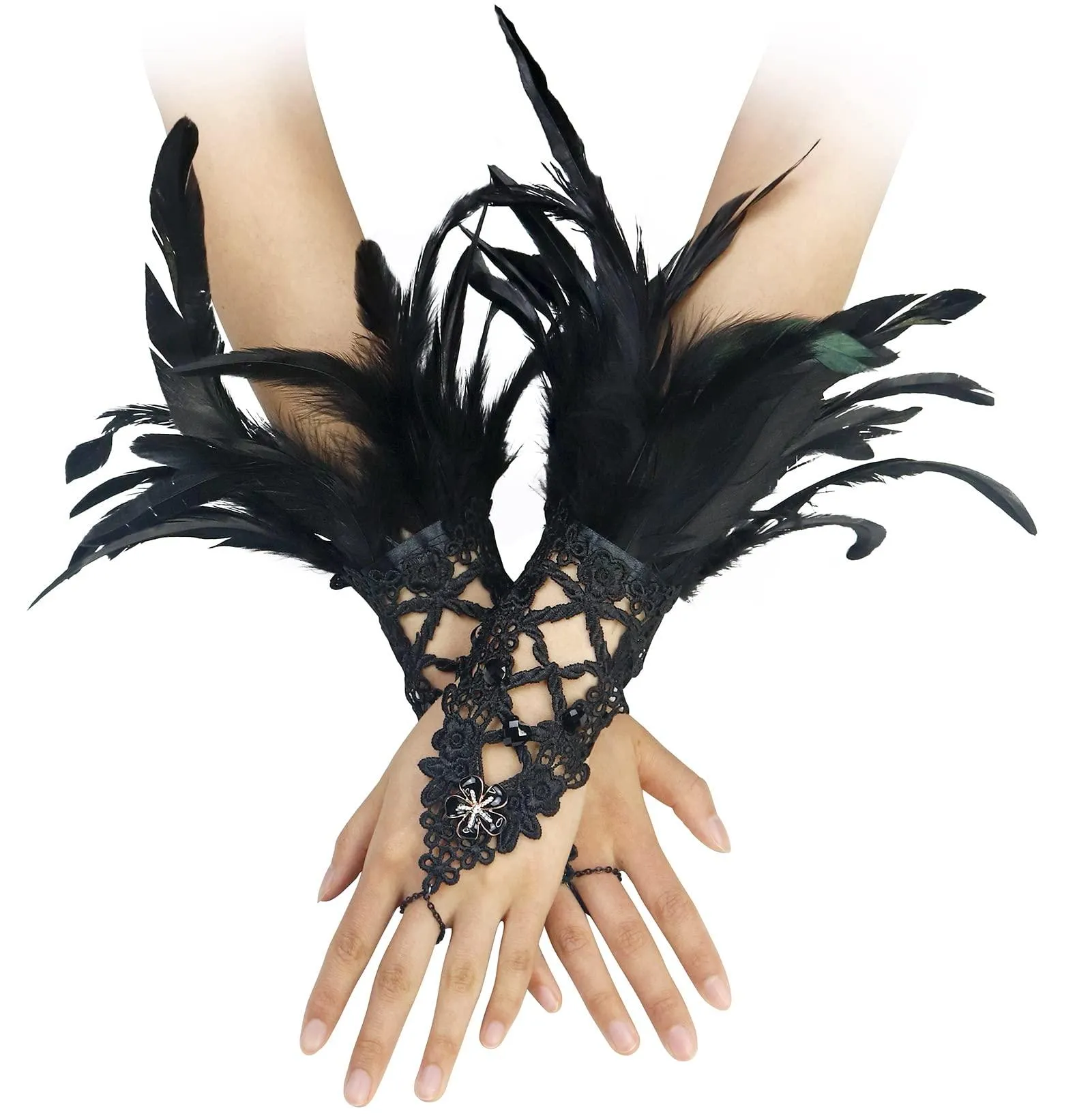 HOMELEX Women Black Lace Feather Gloves Witch Angel Costume Accessories Swan Wings Wrist Bands