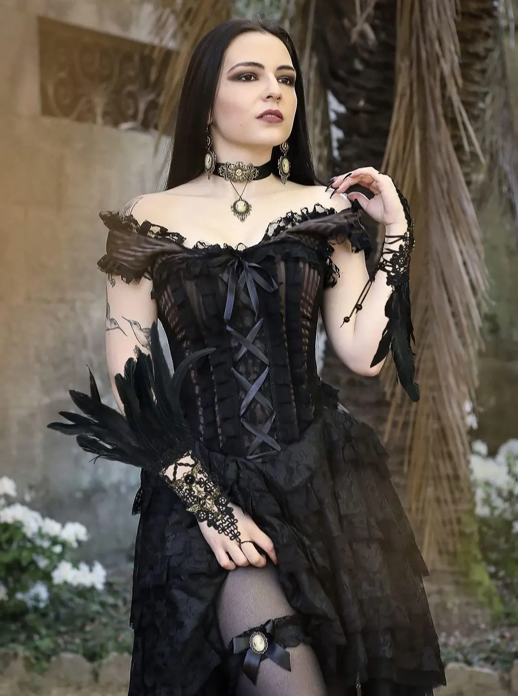 HOMELEX Women Black Lace Feather Gloves Witch Angel Costume Accessories Swan Wings Wrist Bands