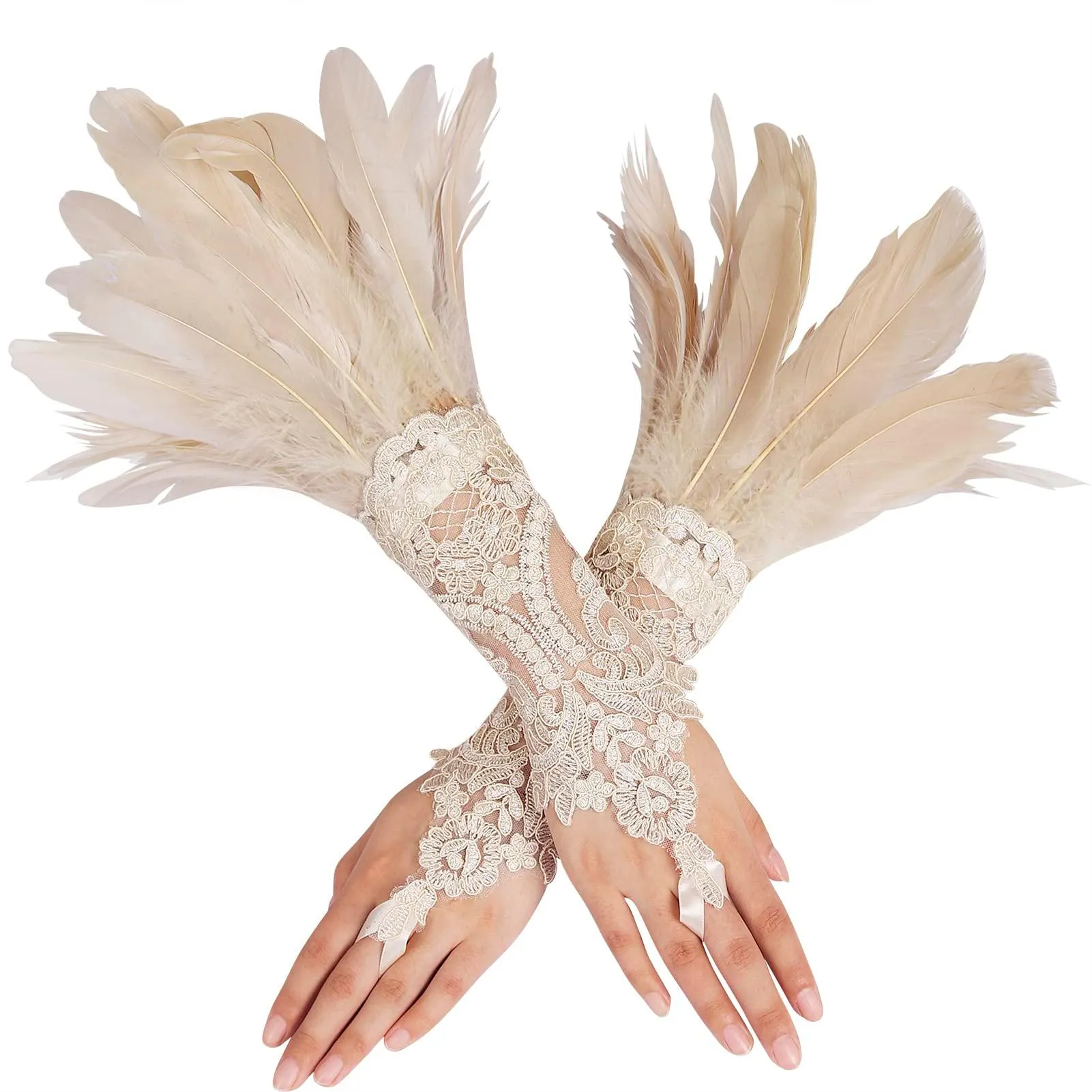 HOMELEX Women Black Lace Feather Gloves Witch Angel Costume Accessories Swan Wings Wrist Bands