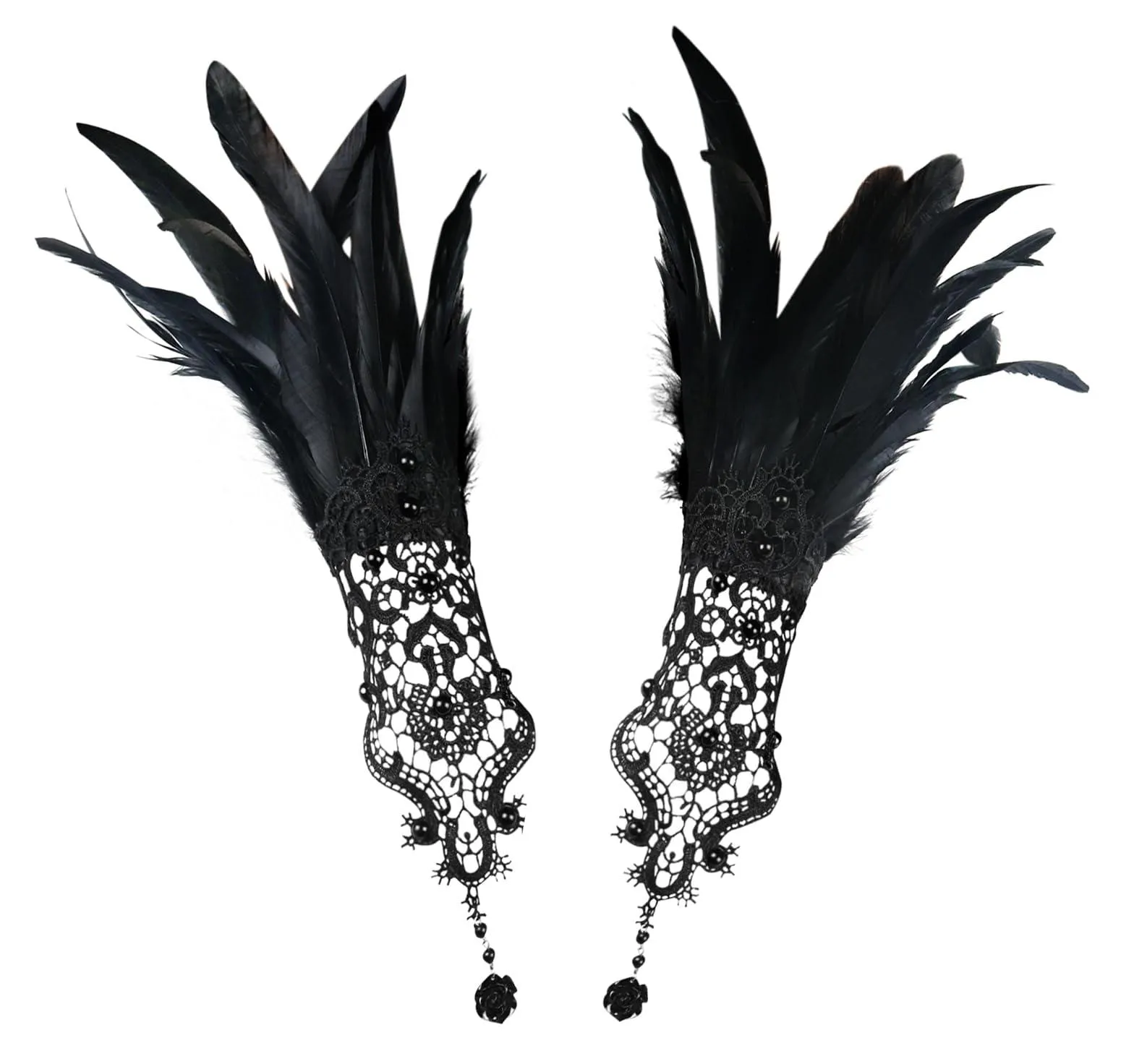 HOMELEX Women Black Lace Feather Gloves Witch Angel Costume Accessories Swan Wings Wrist Bands
