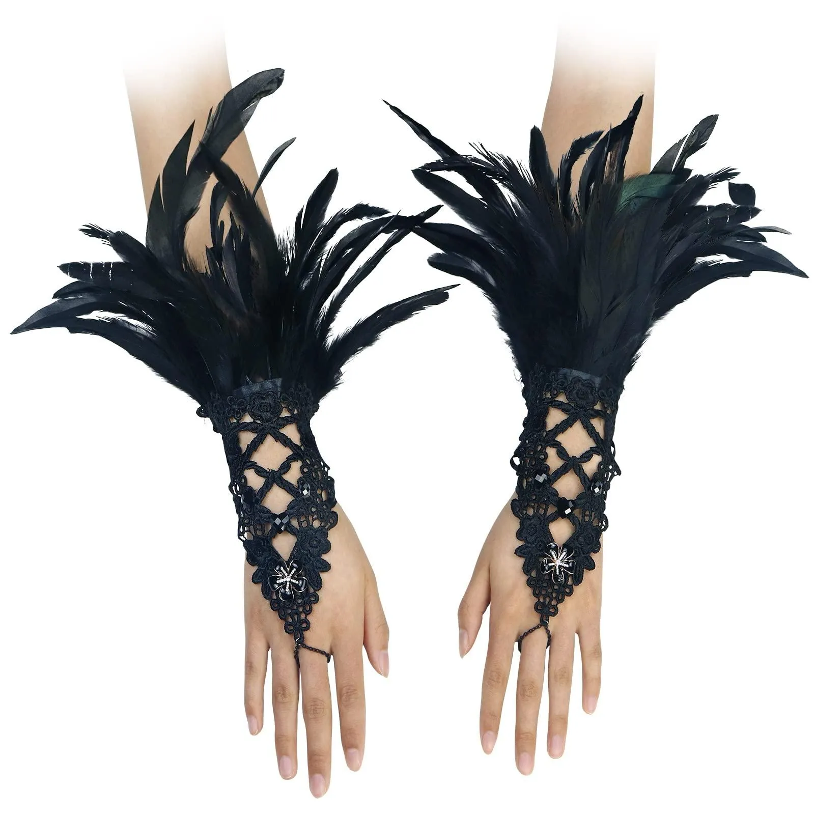 HOMELEX Women Black Lace Feather Gloves Witch Angel Costume Accessories Swan Wings Wrist Bands