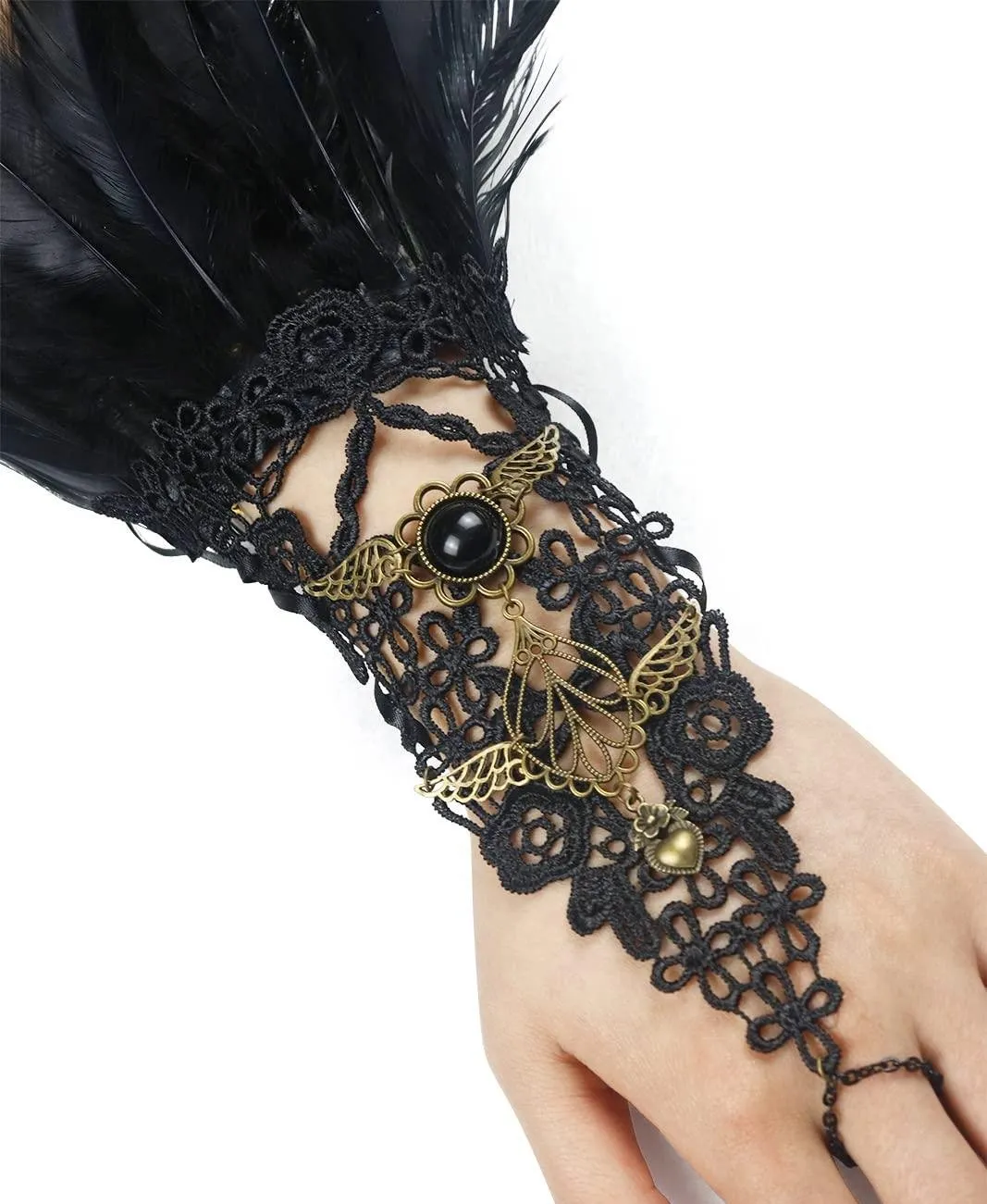 HOMELEX Women Black Lace Feather Gloves Witch Angel Costume Accessories Swan Wings Wrist Bands