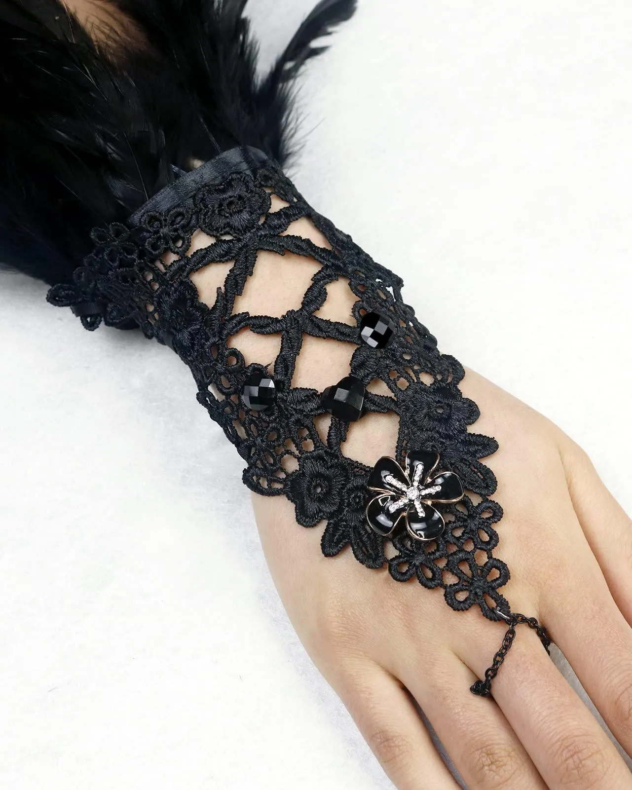 HOMELEX Women Black Lace Feather Gloves Witch Angel Costume Accessories Swan Wings Wrist Bands