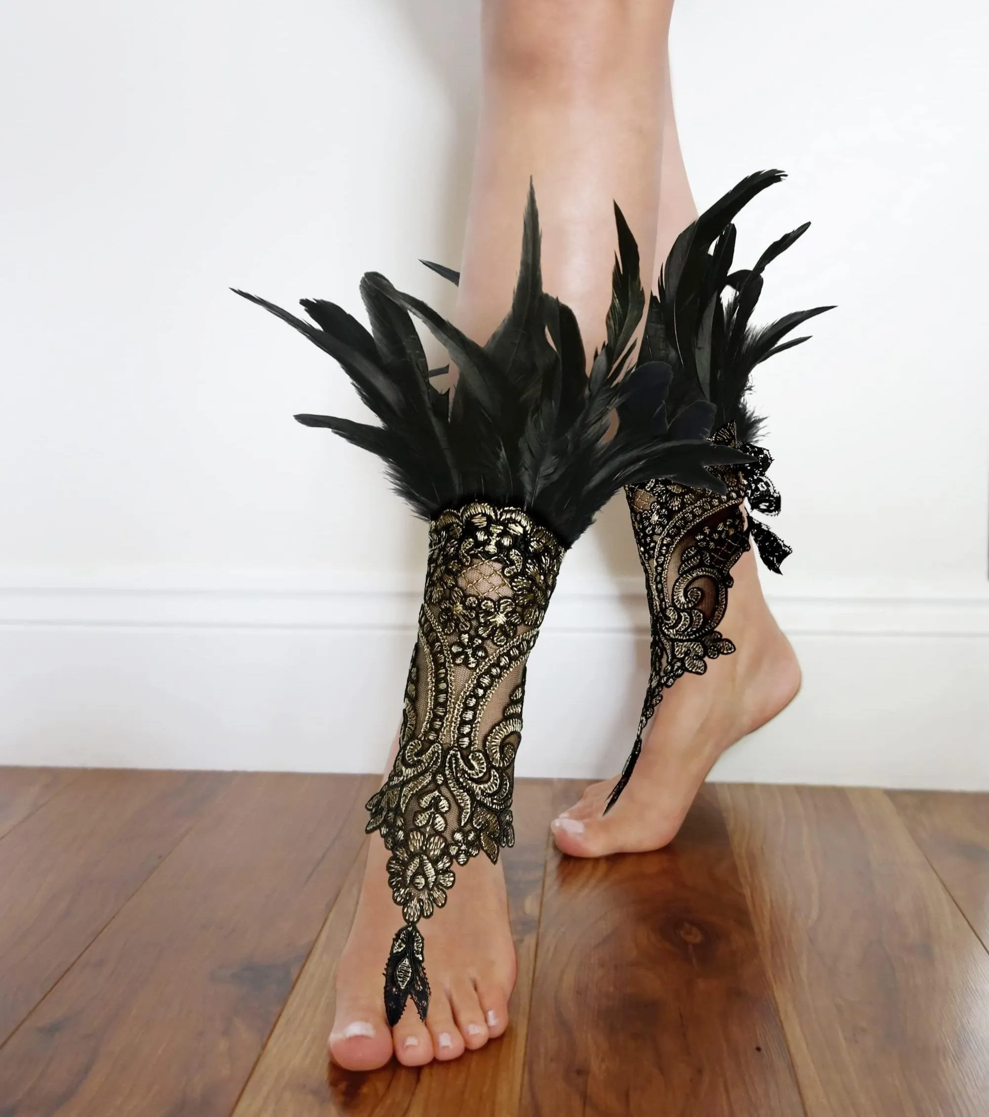 HOMELEX Women Black Lace Feather Gloves Witch Angel Costume Accessories Swan Wings Wrist Bands
