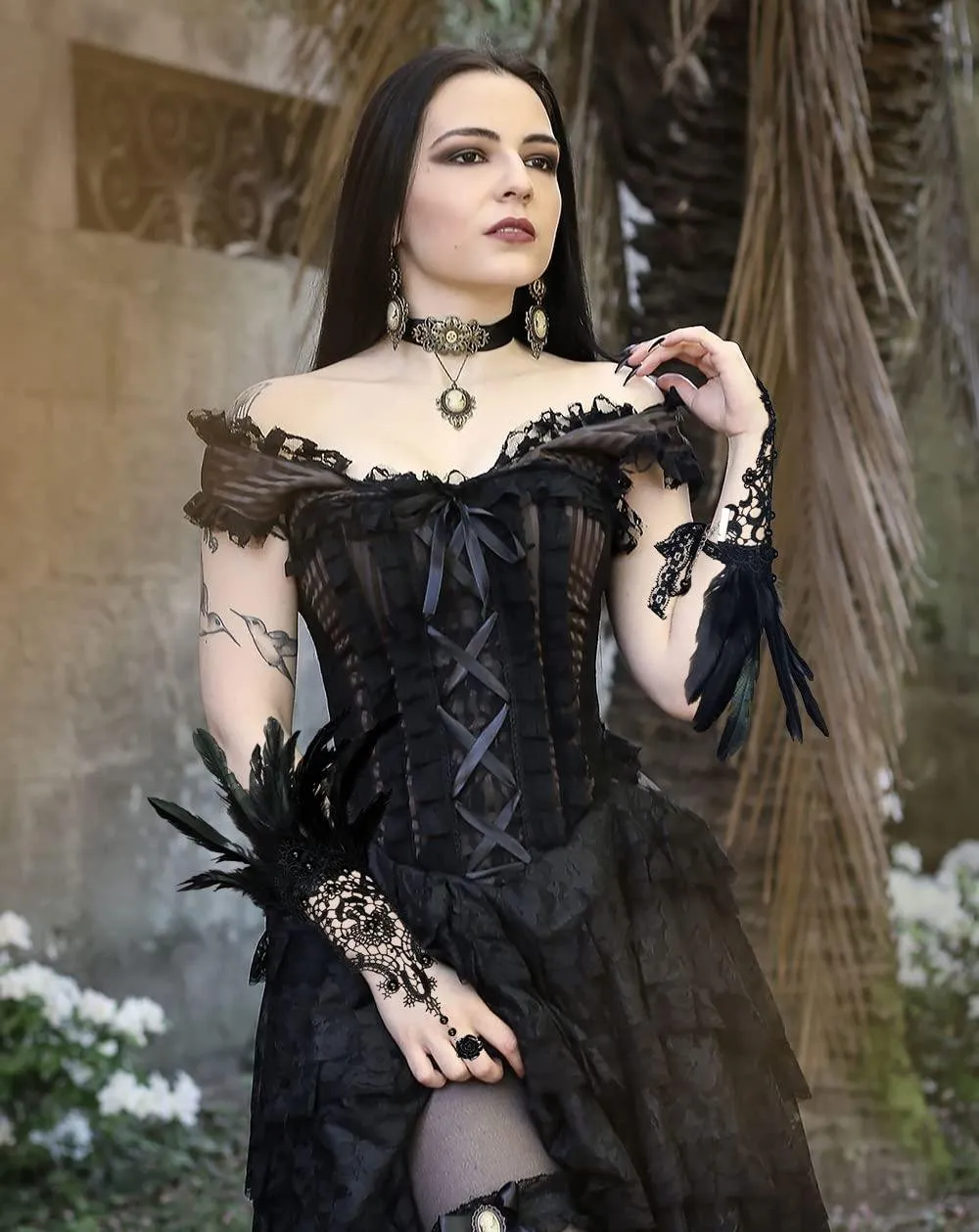 HOMELEX Women Black Lace Feather Gloves Witch Angel Costume Accessories Swan Wings Wrist Bands