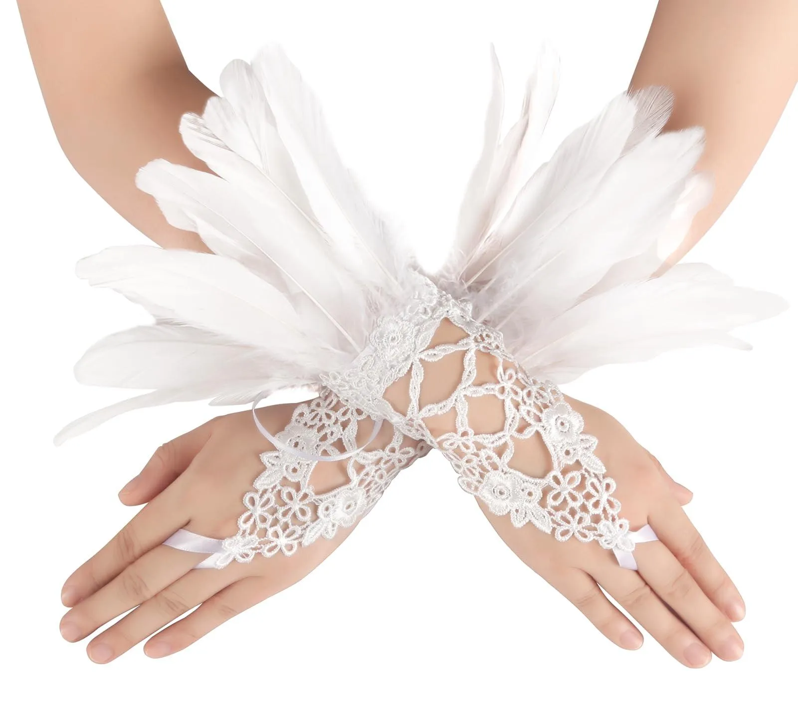 HOMELEX Women Black Lace Feather Gloves Witch Angel Costume Accessories Swan Wings Wrist Bands
