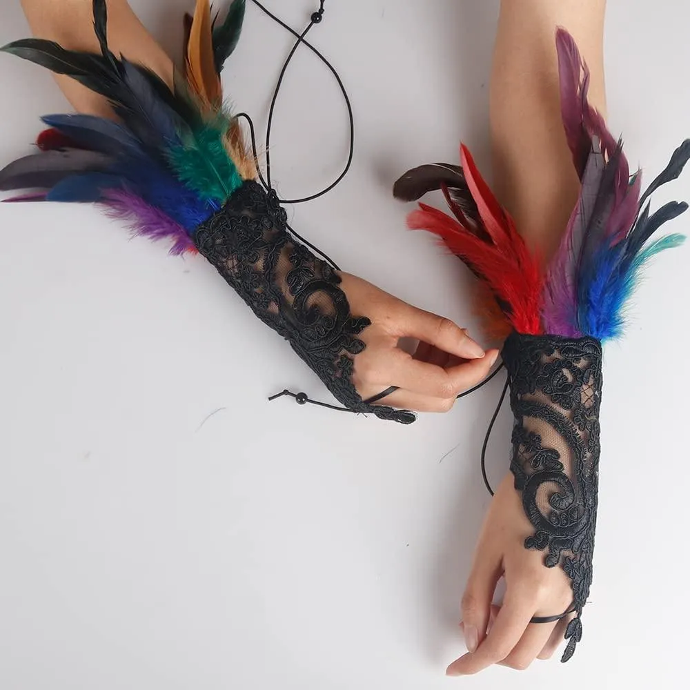HOMELEX Women Black Lace Feather Gloves Witch Angel Costume Accessories Swan Wings Wrist Bands