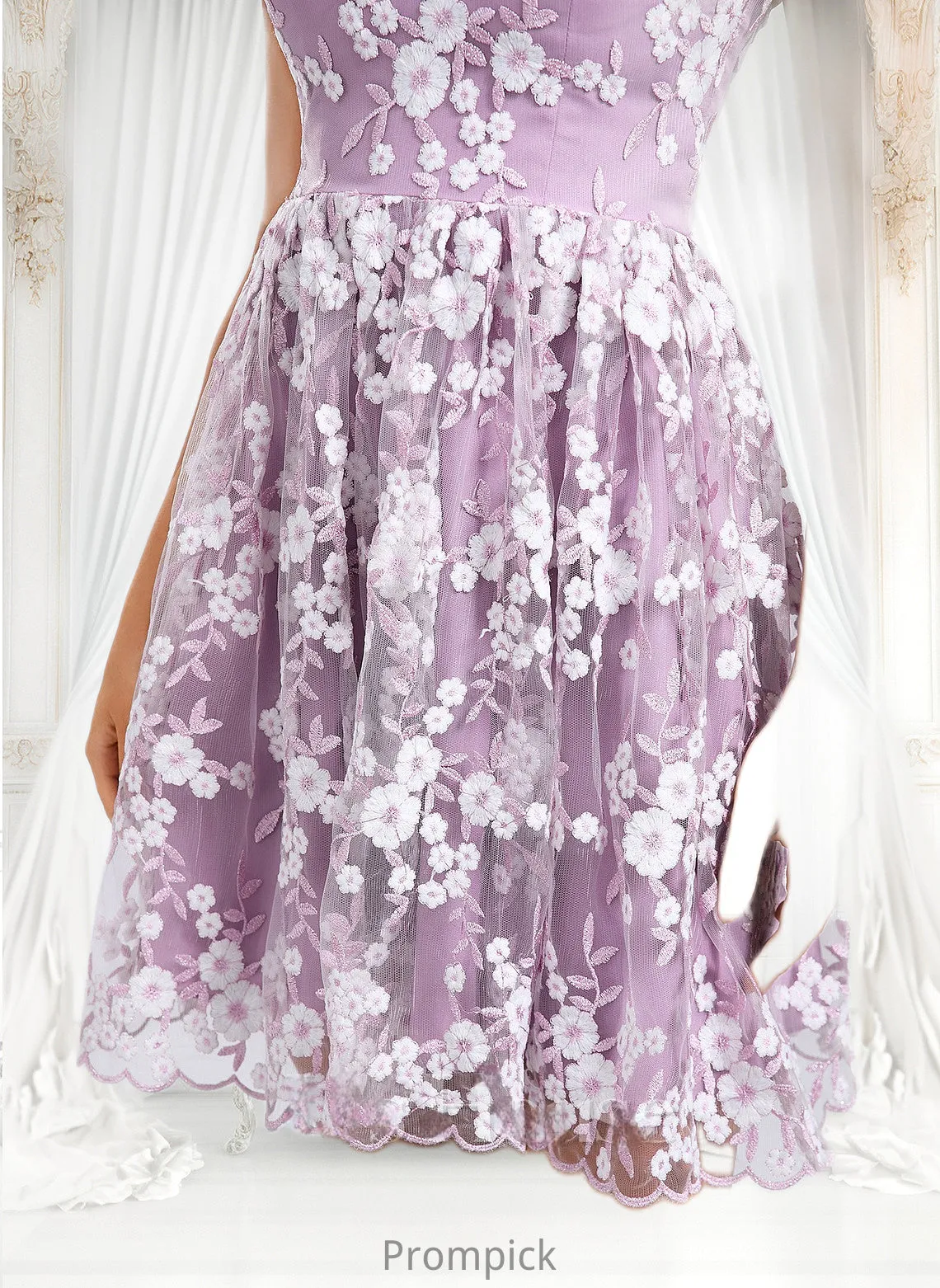 Irene A-line V-Neck Short Lace Homecoming Dress With Embroidered HHP0025697
