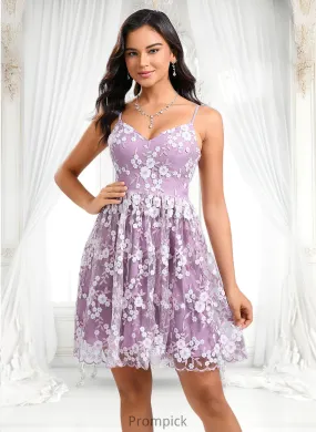 Irene A-line V-Neck Short Lace Homecoming Dress With Embroidered HHP0025697