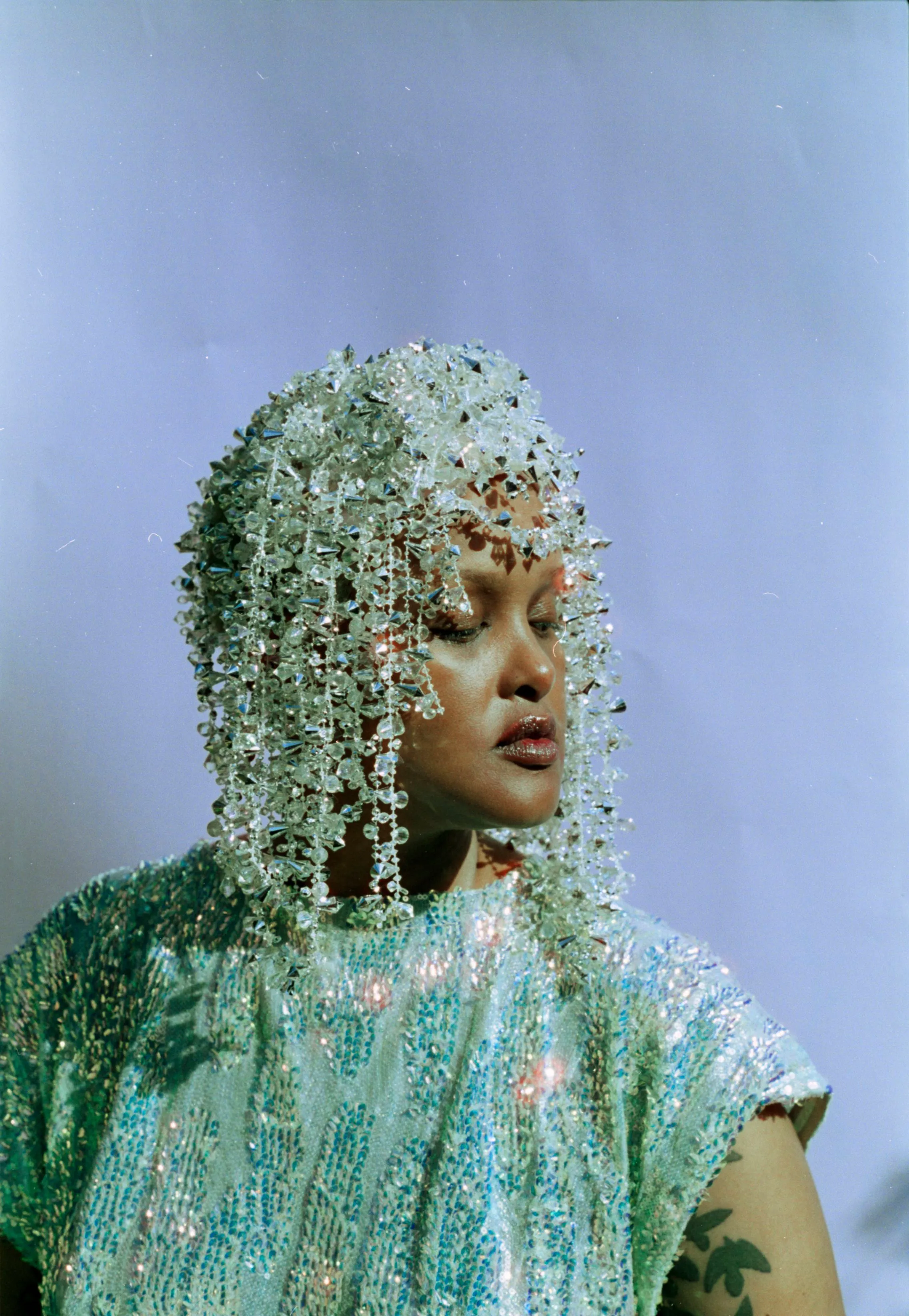 Iridescent and Silver dripping jewel SkullCap, Hat, Headdress, Wig, Cher,