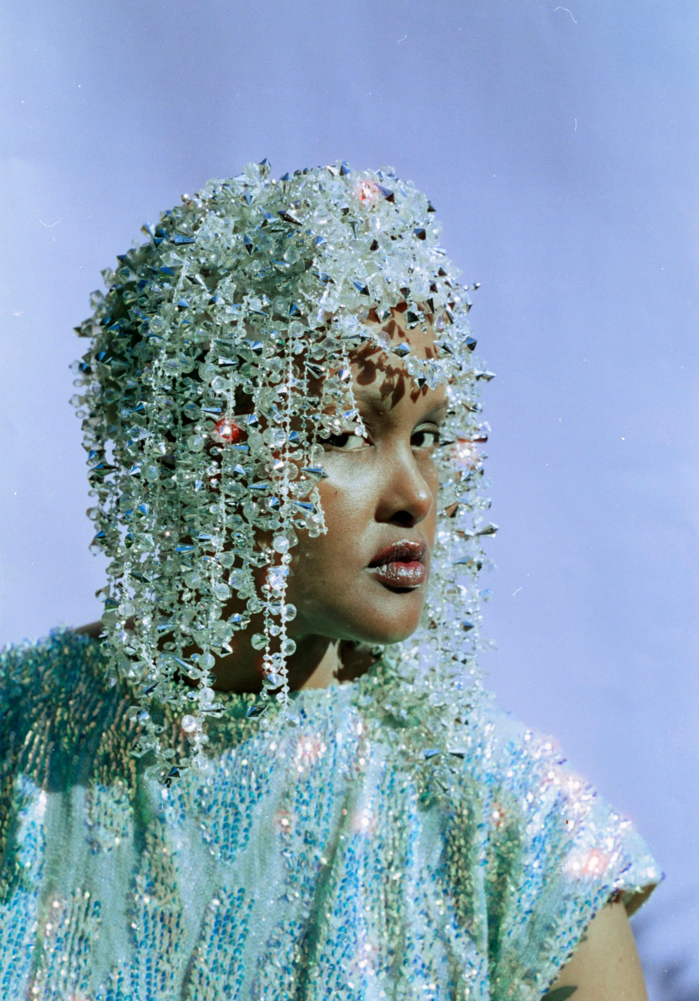 Iridescent and Silver dripping jewel SkullCap, Hat, Headdress, Wig, Cher,
