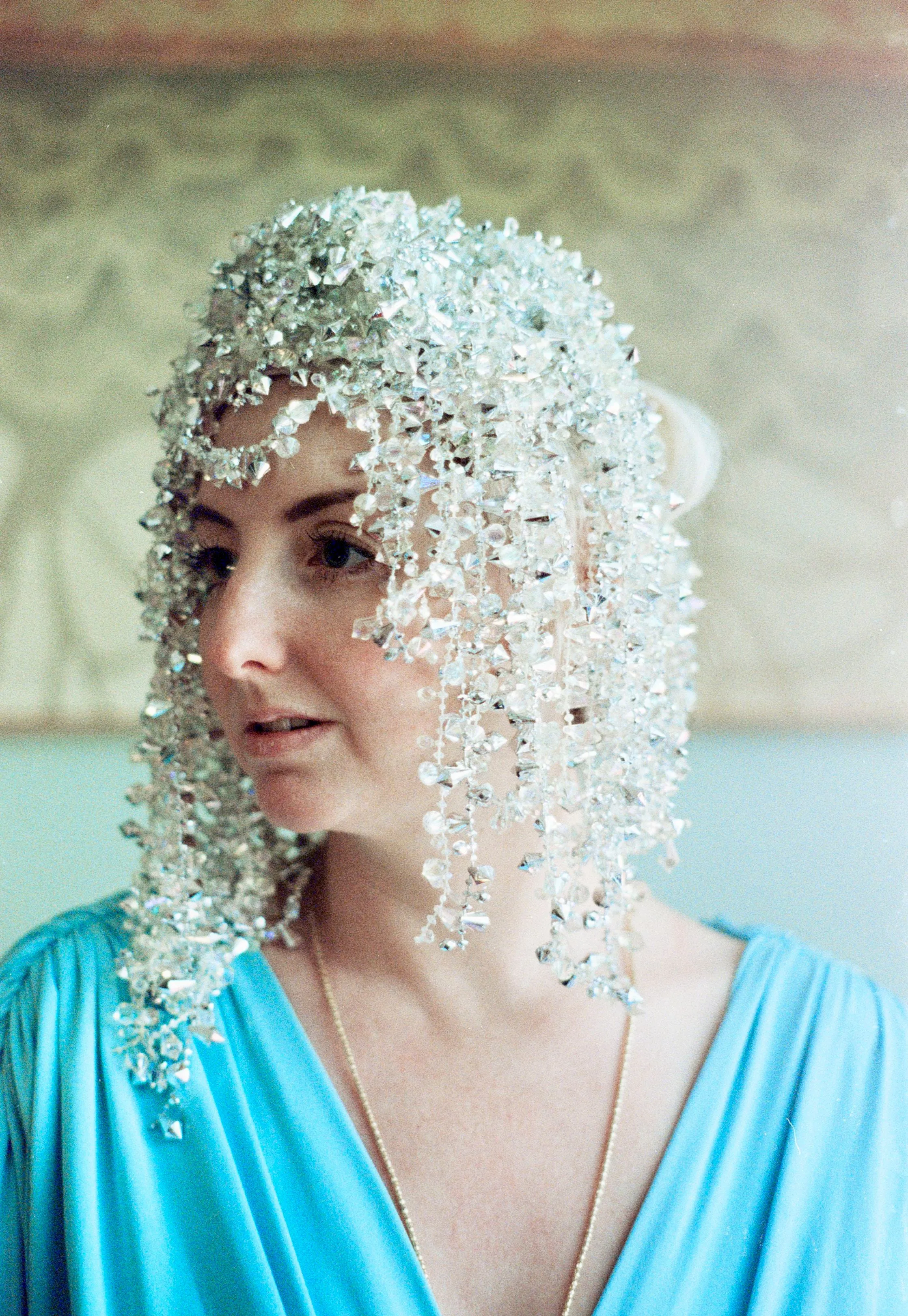 Iridescent and Silver dripping jewel SkullCap, Hat, Headdress, Wig, Cher,