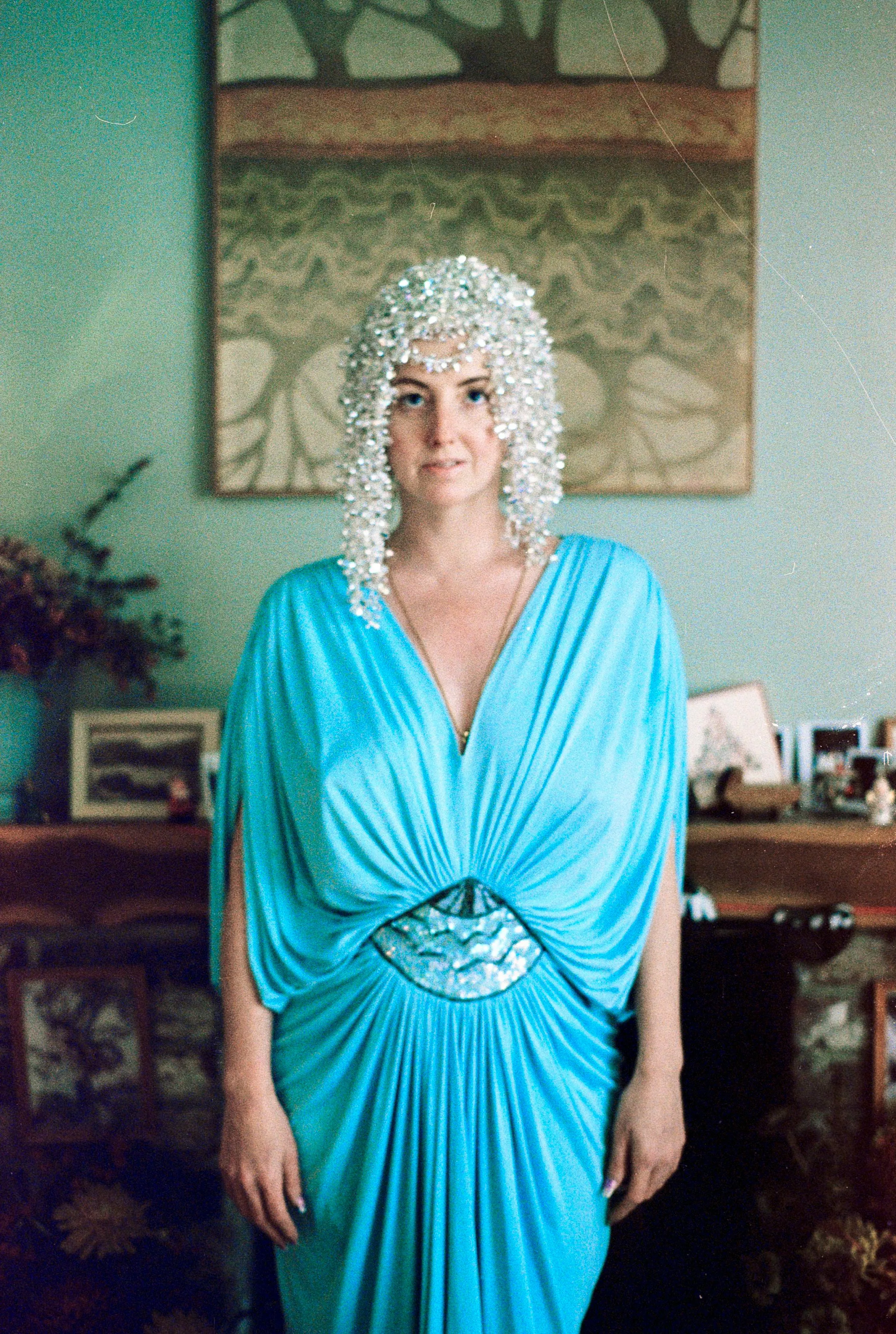 Iridescent and Silver dripping jewel SkullCap, Hat, Headdress, Wig, Cher,