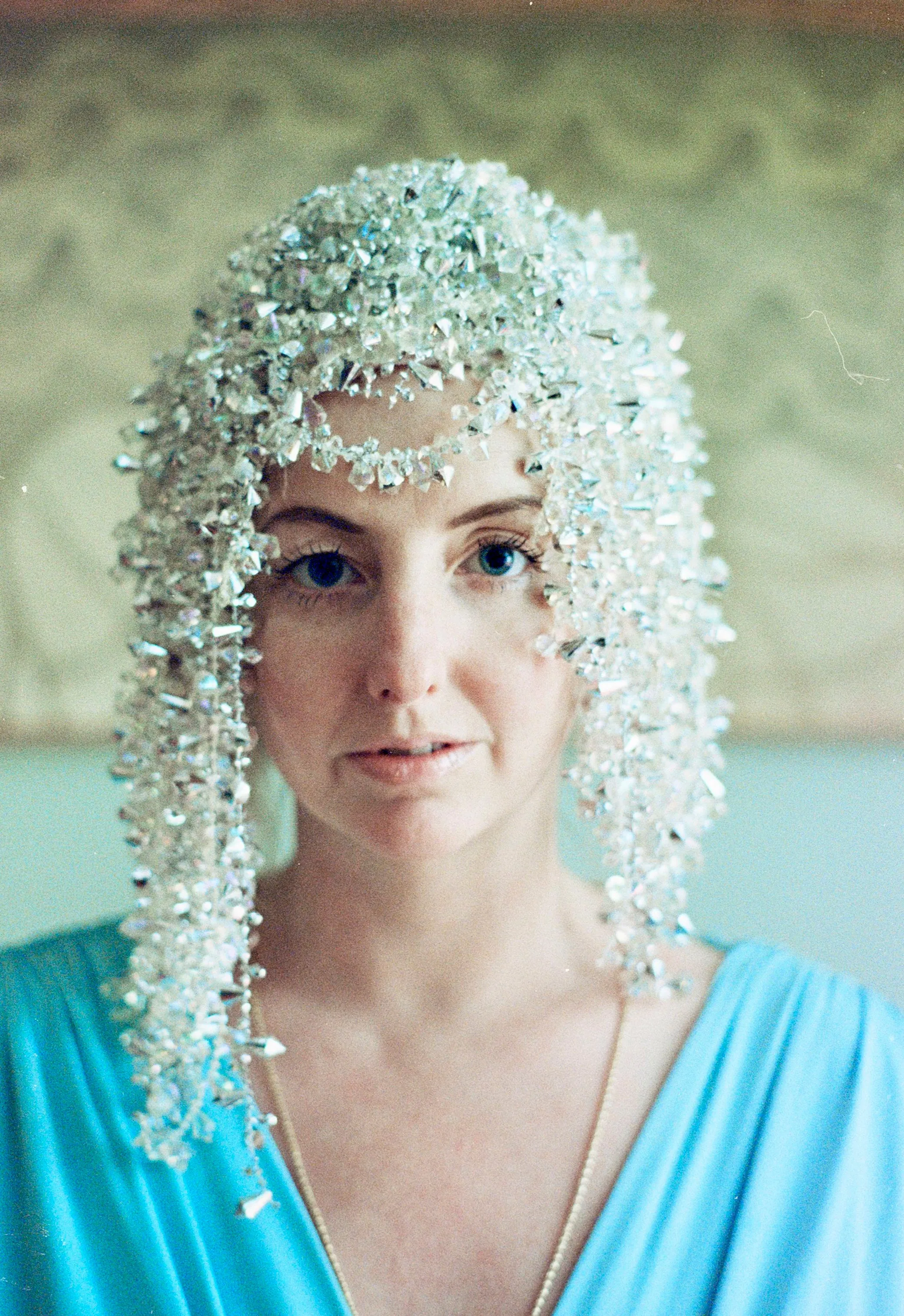 Iridescent and Silver dripping jewel SkullCap, Hat, Headdress, Wig, Cher,