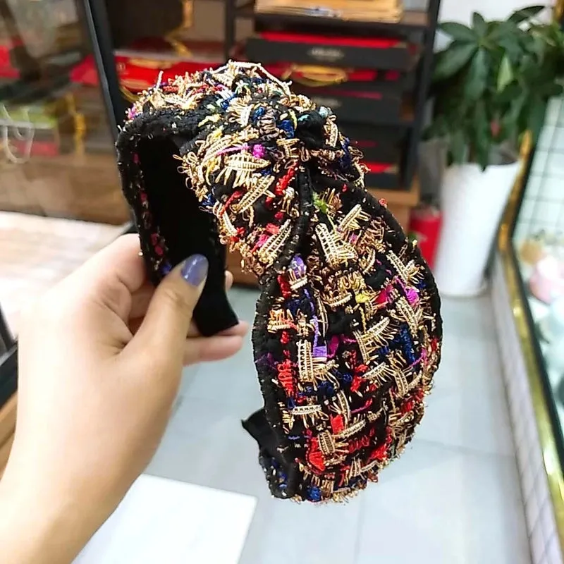 Korean Fashion New Small Fragrance Wind Knot Headband Wide-brimmed Fabric Fashion Headdress Woolen Bowknot Headband Ladies Wholesale