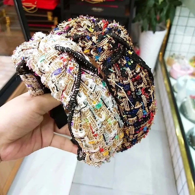 Korean Fashion New Small Fragrance Wind Knot Headband Wide-brimmed Fabric Fashion Headdress Woolen Bowknot Headband Ladies Wholesale