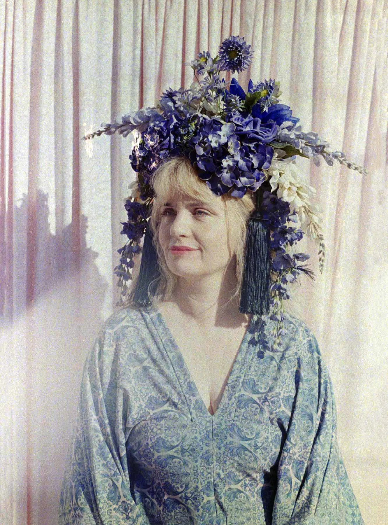 Large Blue and Green Floral Headdress with hydrangeas and Tassels