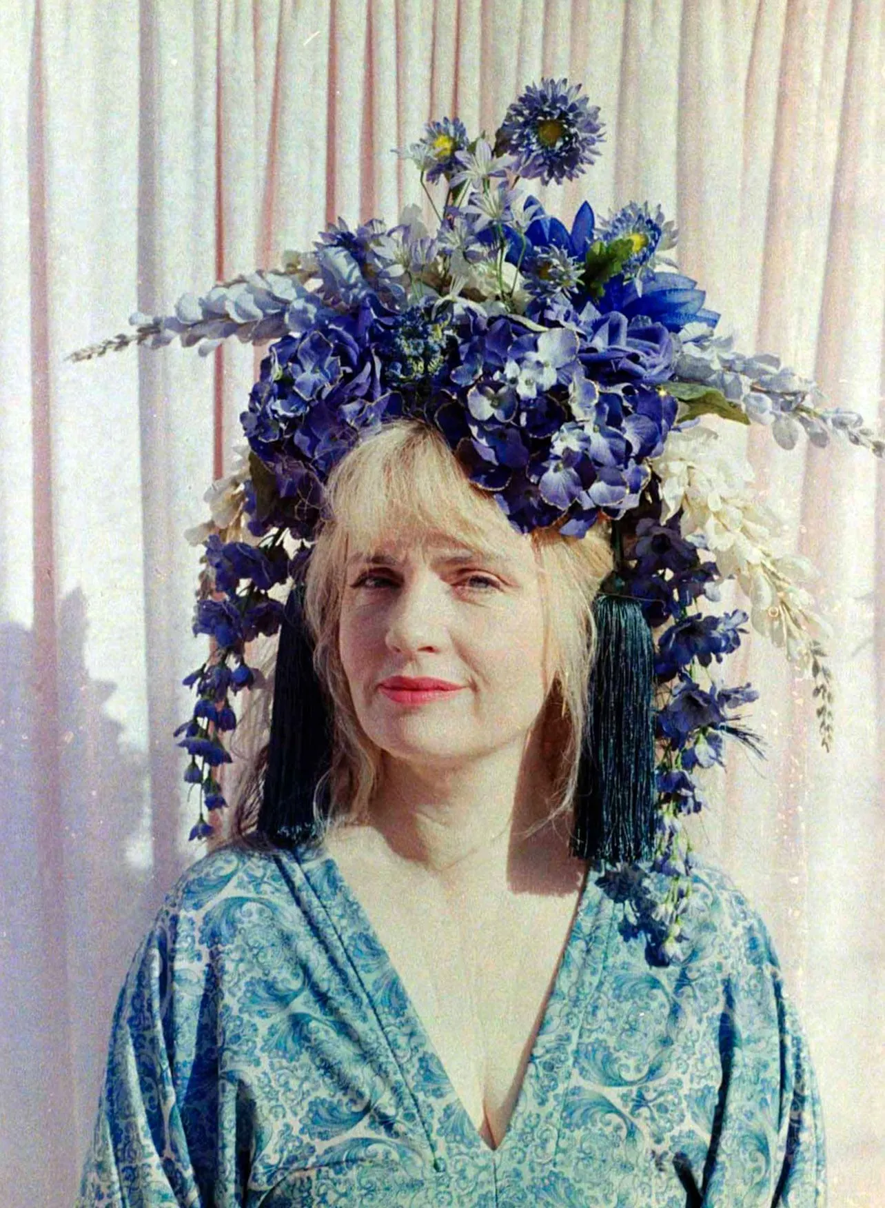 Large Blue and Green Floral Headdress with hydrangeas and Tassels