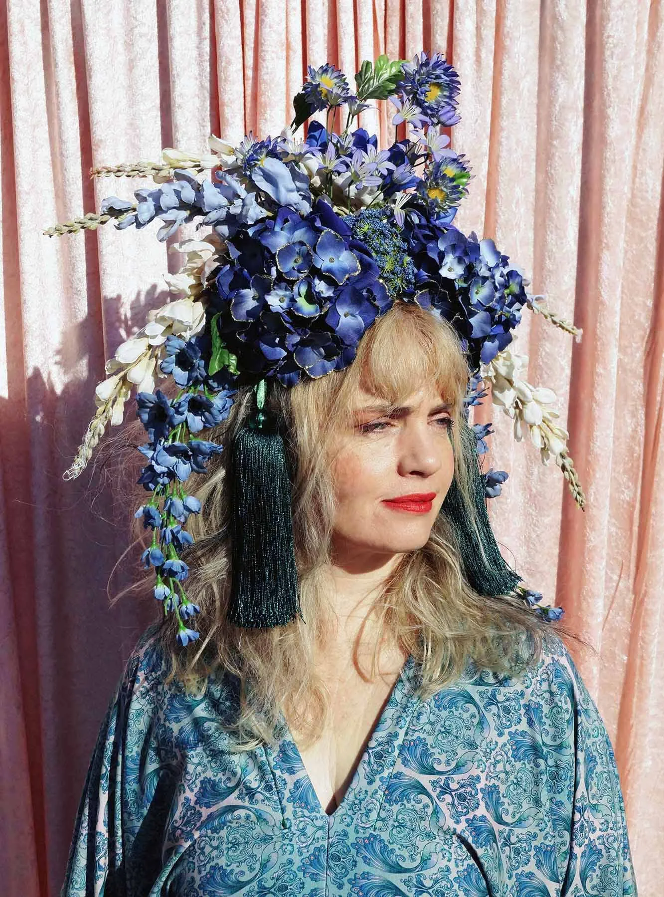 Large Blue and Green Floral Headdress with hydrangeas and Tassels