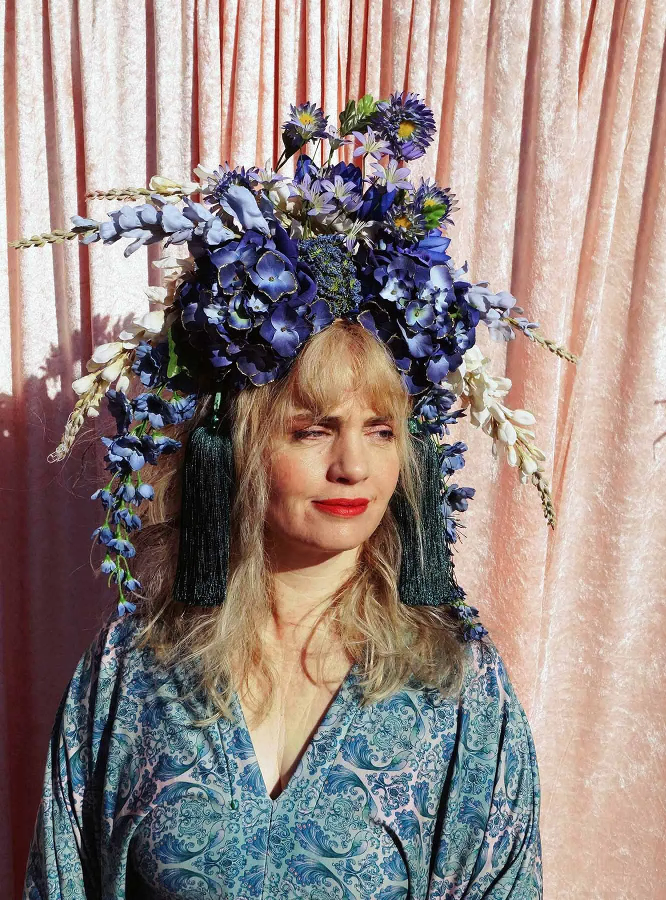 Large Blue and Green Floral Headdress with hydrangeas and Tassels