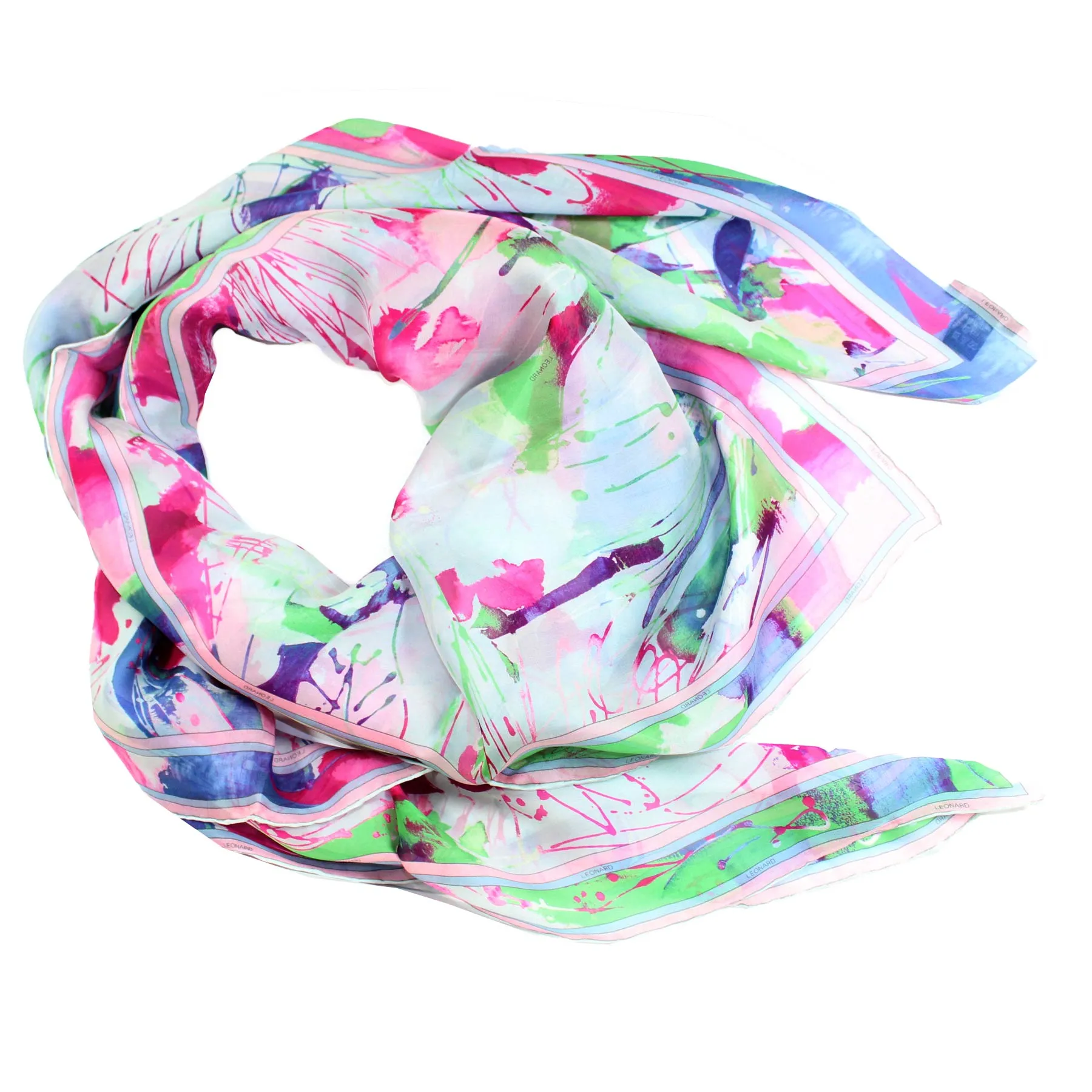 Leonard Scarf Pink Lime Watercolors - Large Square Chiffon Silk Shawl SALE