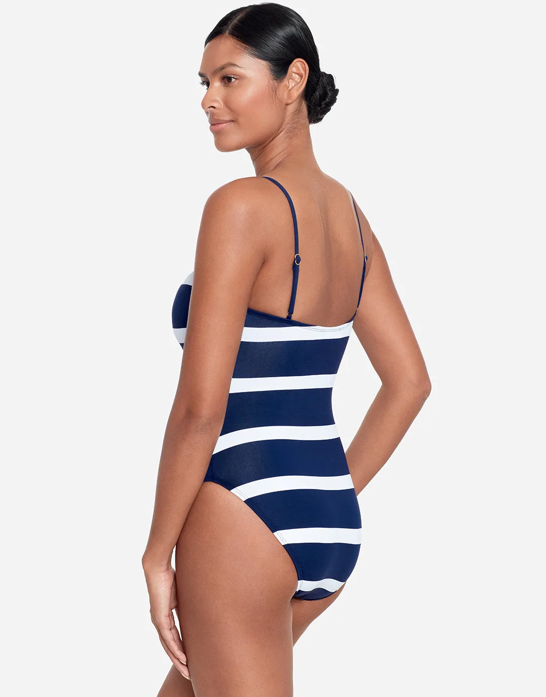 Mariner Stripe Embroidered Square Neck Swimsuit - Navy and White
