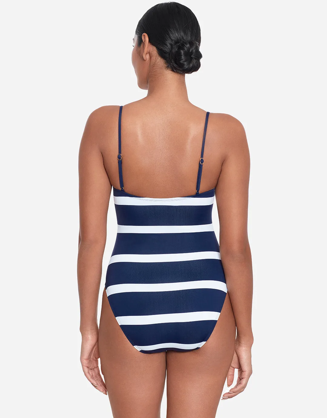 Mariner Stripe Embroidered Square Neck Swimsuit - Navy and White