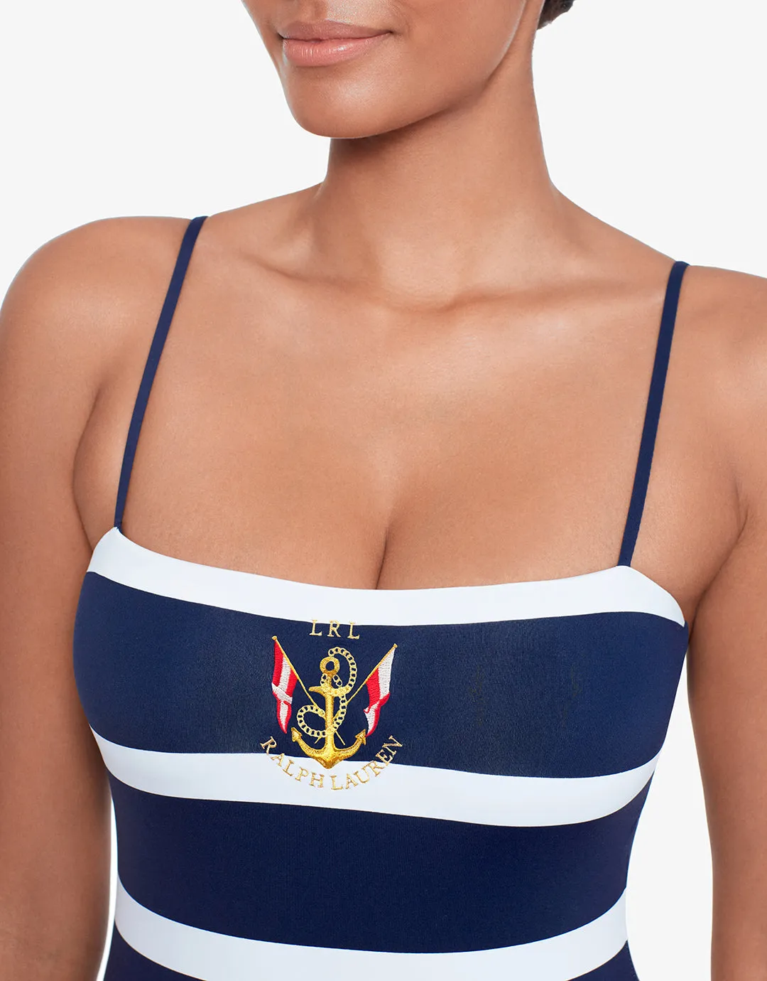 Mariner Stripe Embroidered Square Neck Swimsuit - Navy and White
