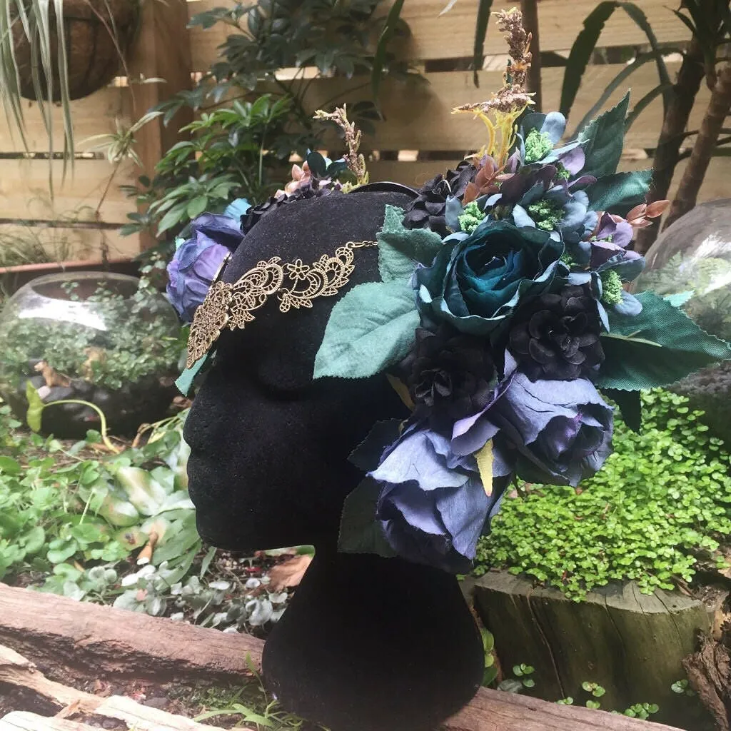 Midnight Floral Goddess Headpiece • Festival Crown