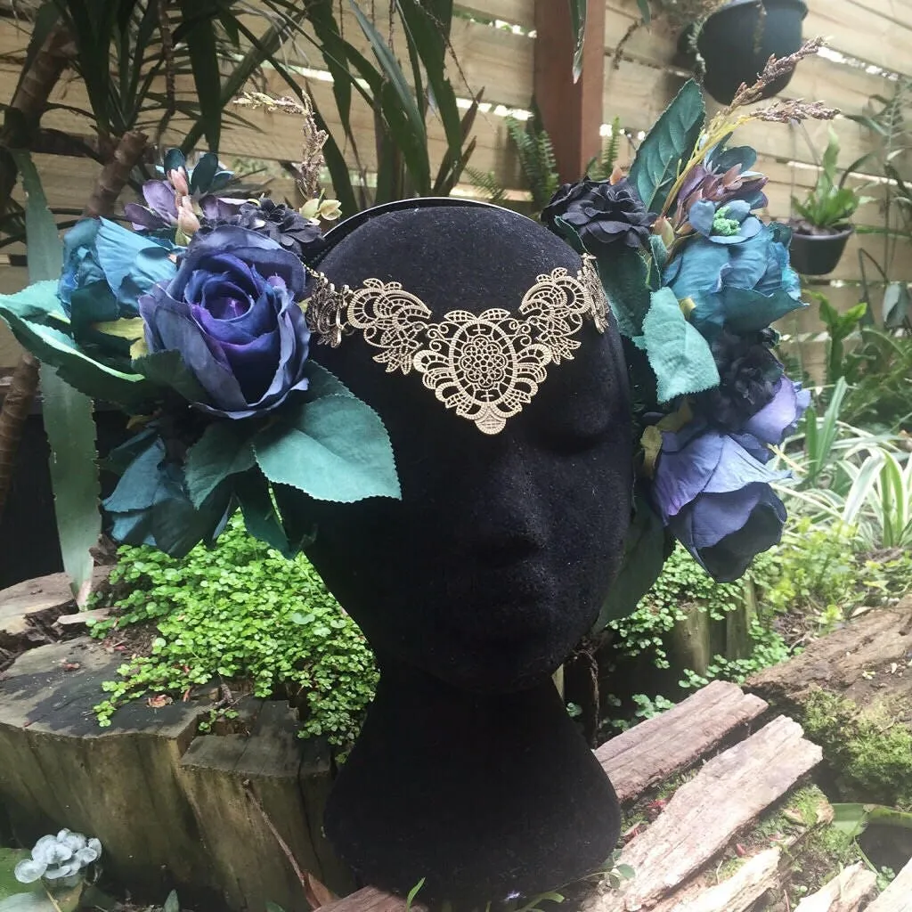 Midnight Floral Goddess Headpiece • Festival Crown
