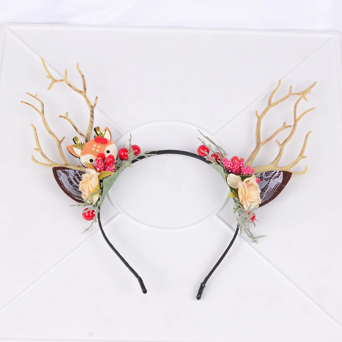 Mori Style Branch Headband Flower Berry Reindeer Headband for Women Christmas Festival Party Dress up Cute Headwear