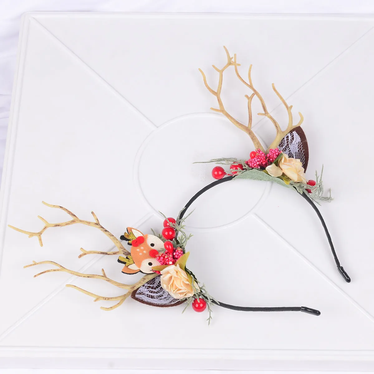 Mori Style Branch Headband Flower Berry Reindeer Headband for Women Christmas Festival Party Dress up Cute Headwear