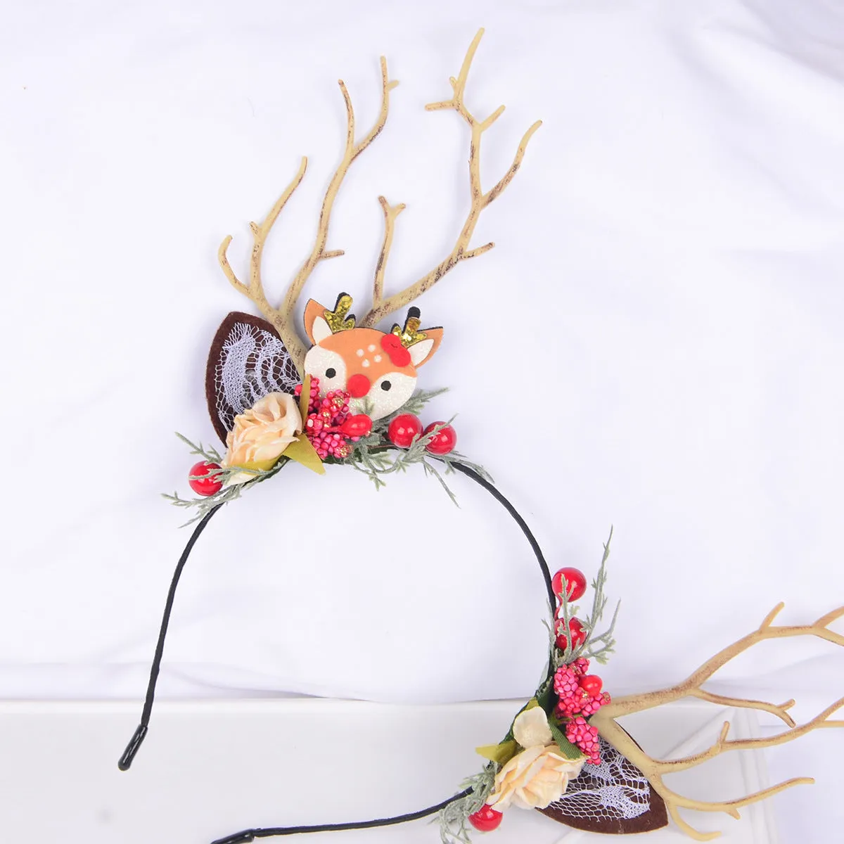 Mori Style Branch Headband Flower Berry Reindeer Headband for Women Christmas Festival Party Dress up Cute Headwear