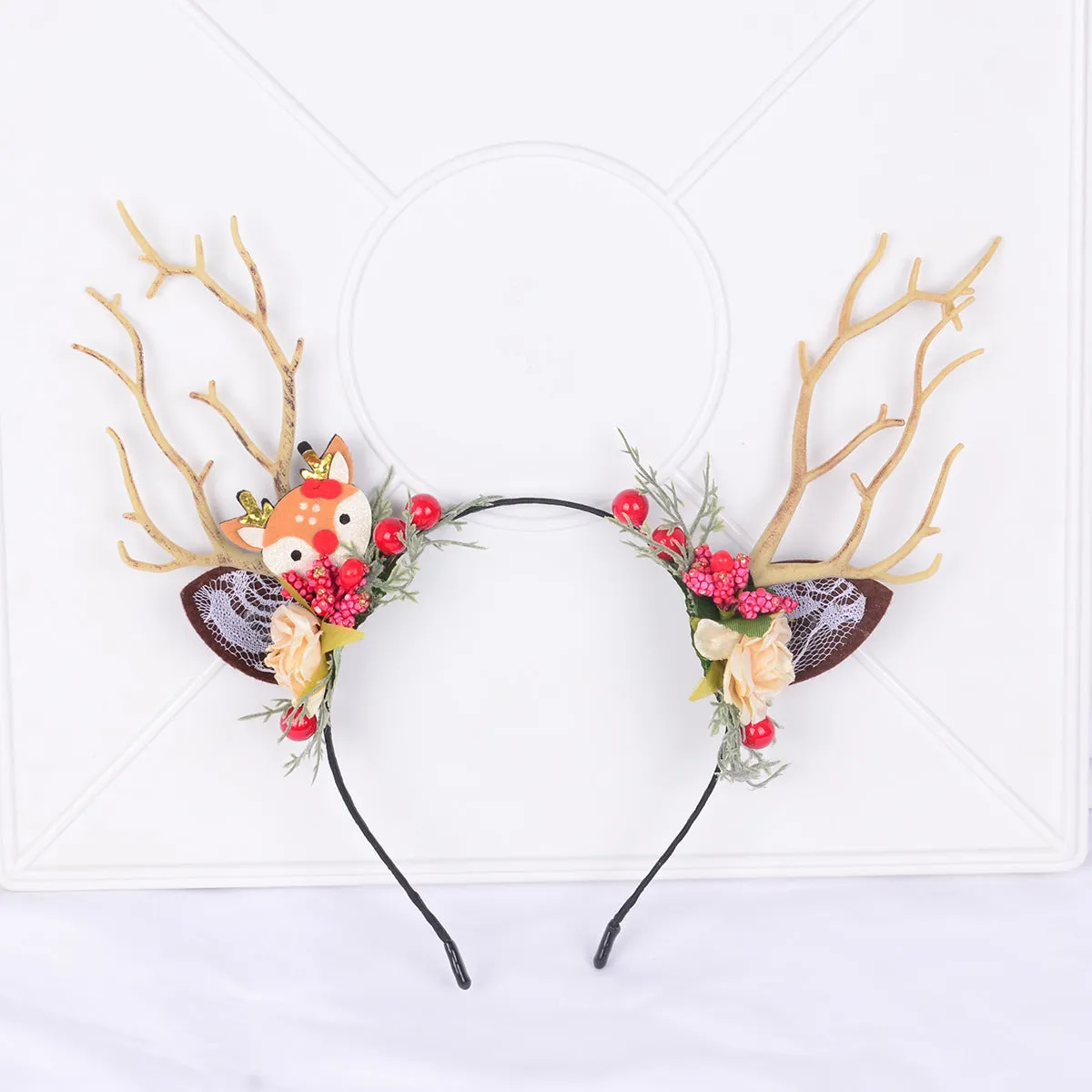 Mori Style Branch Headband Flower Berry Reindeer Headband for Women Christmas Festival Party Dress up Cute Headwear