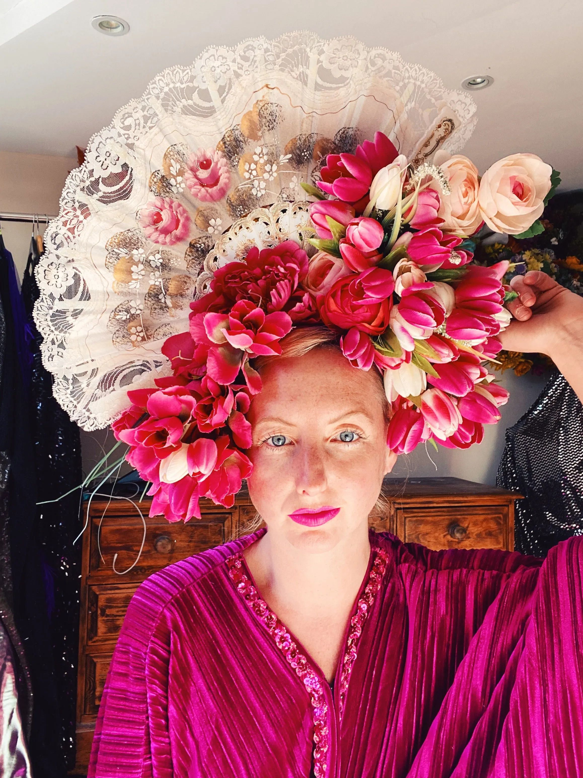 Pink Fan StatmentVintage floral Headdress