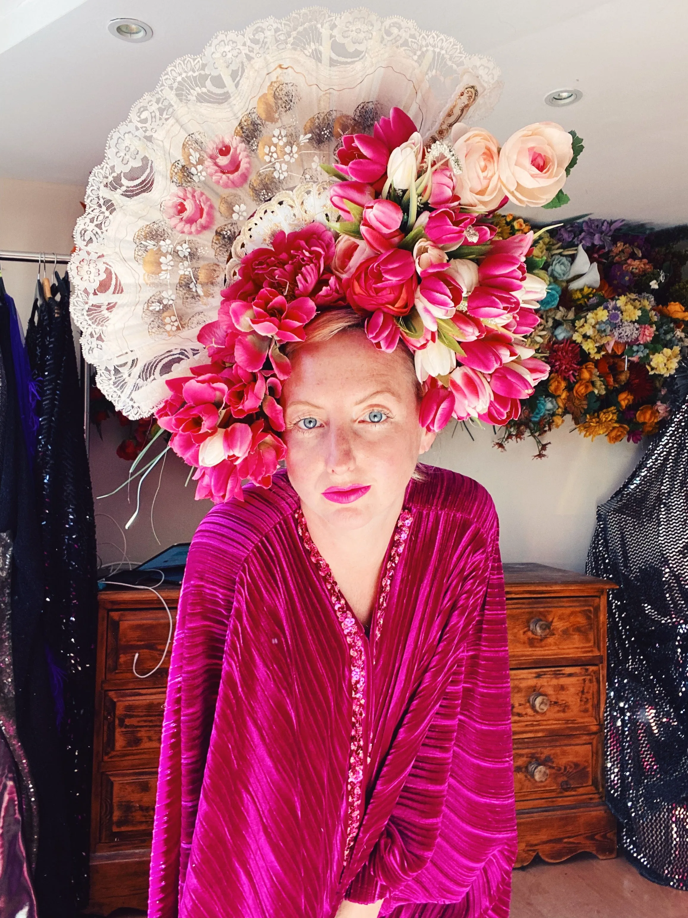 Pink Fan StatmentVintage floral Headdress
