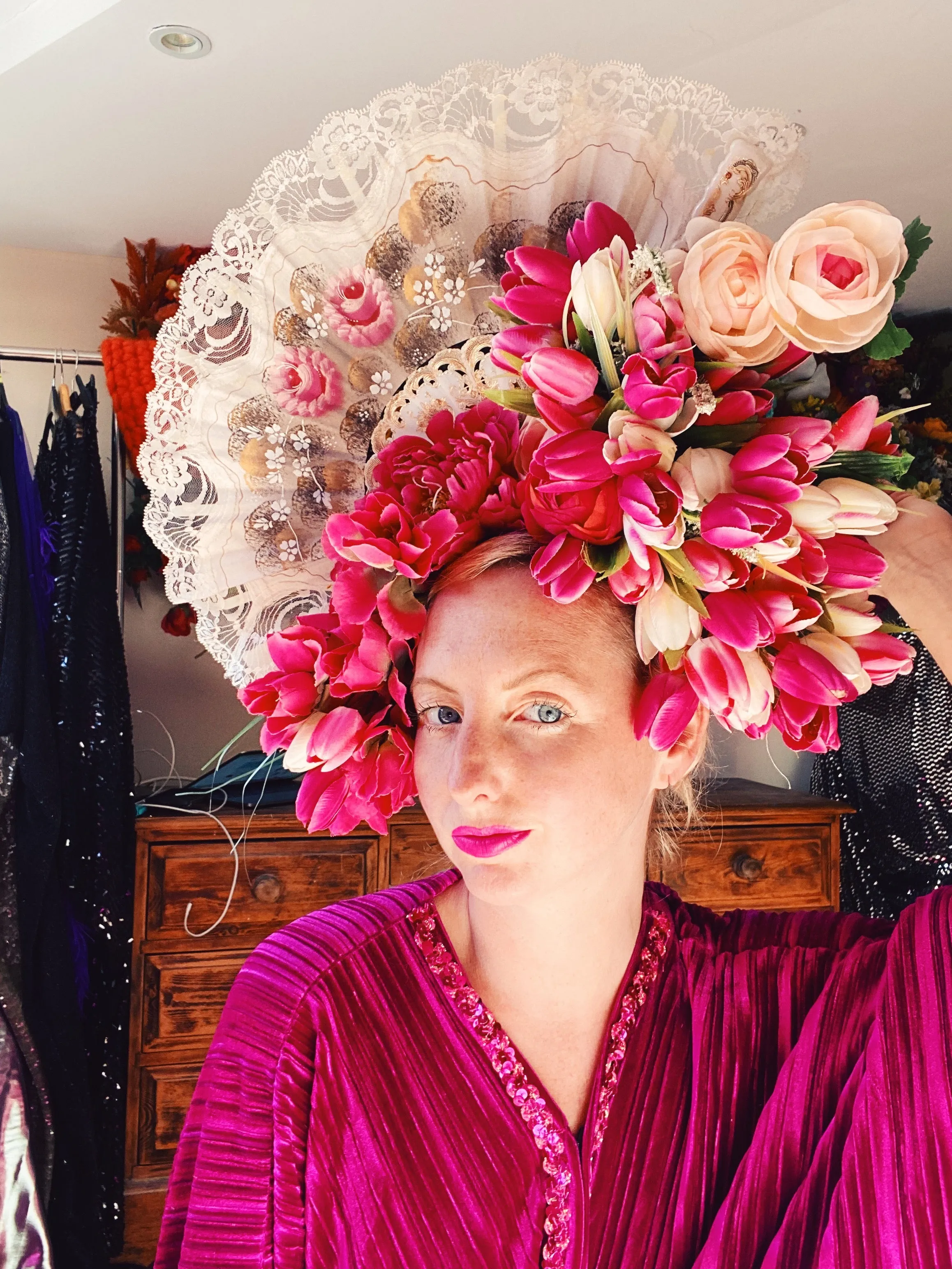 Pink Fan StatmentVintage floral Headdress