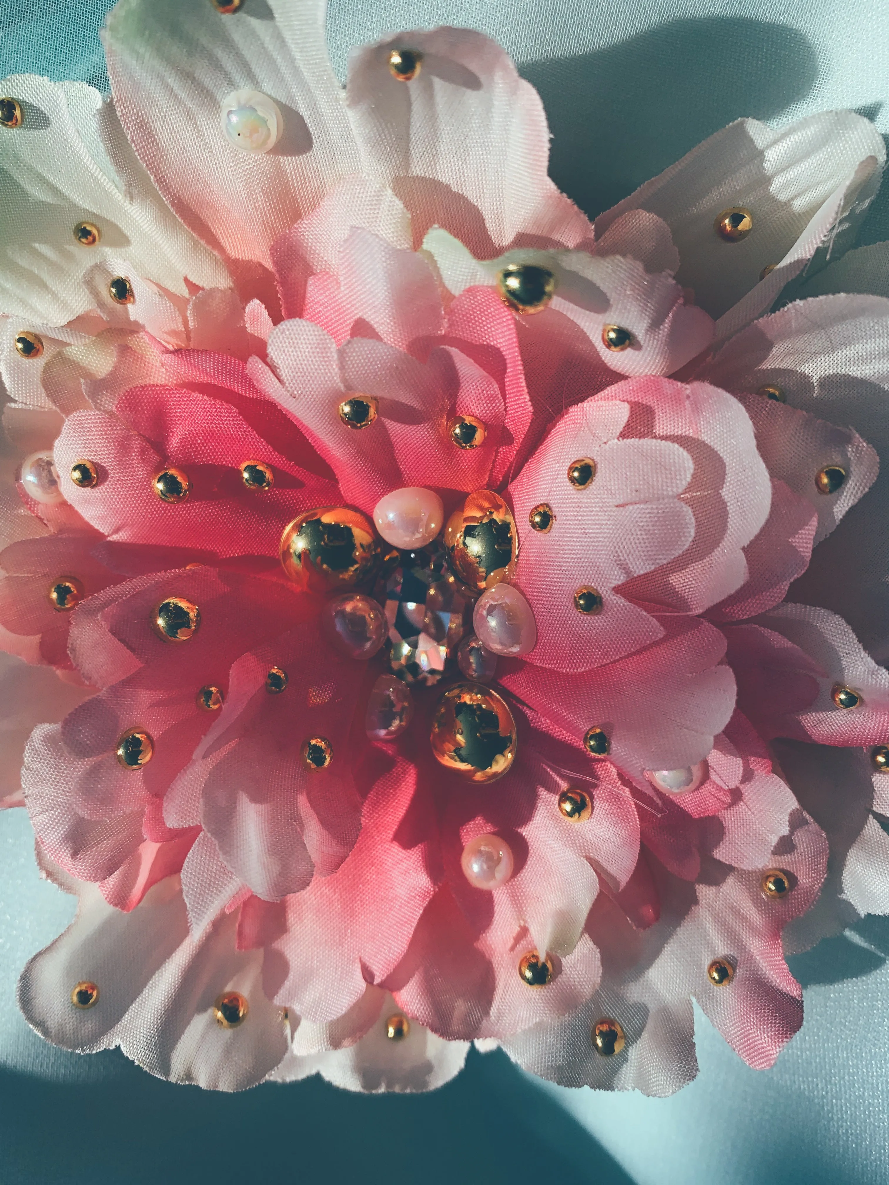 Pink peony with Gold and pearl embellishments- Bejewelled Brooch and Hair Clip