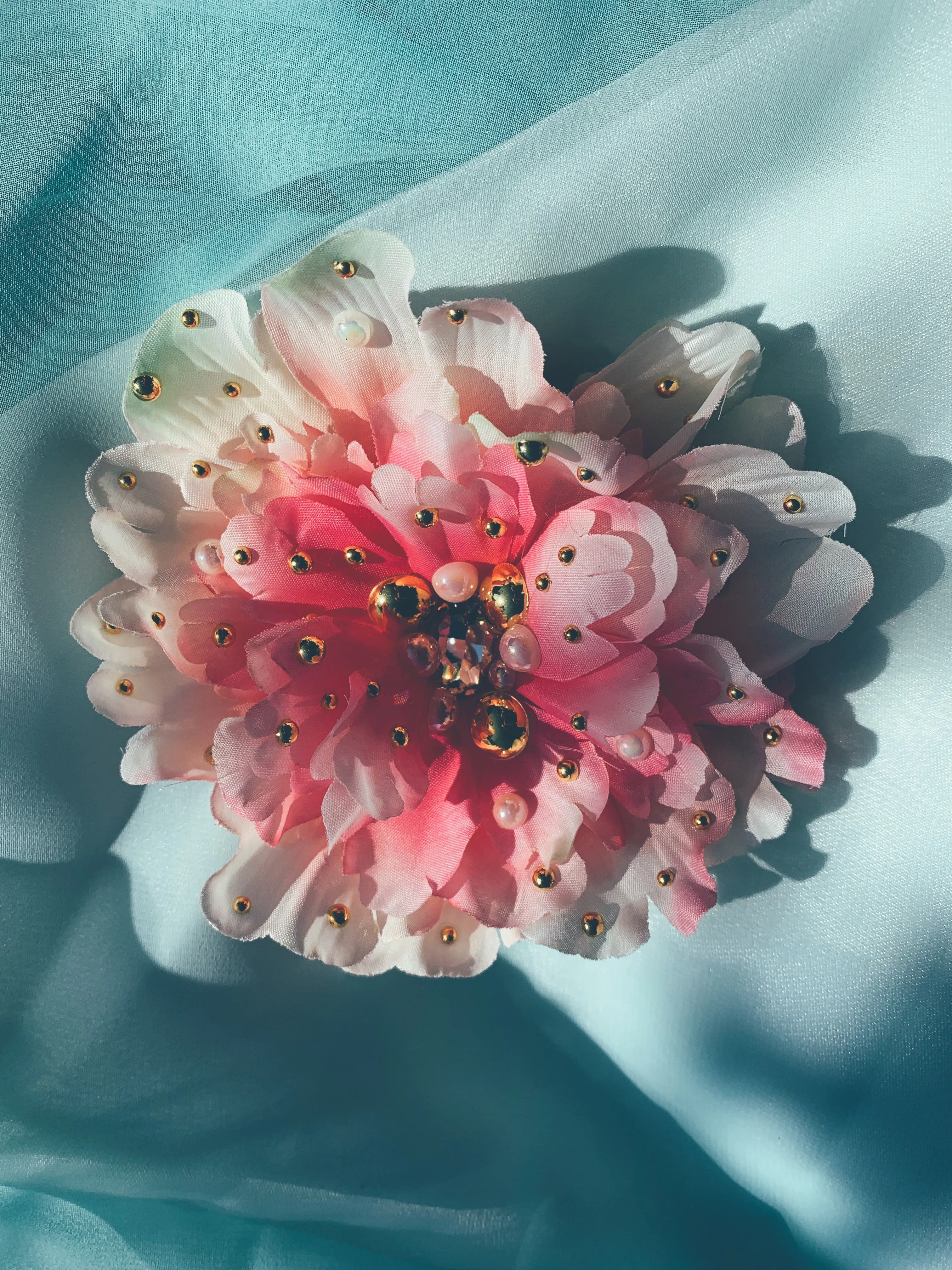 Pink peony with Gold and pearl embellishments- Bejewelled Brooch and Hair Clip